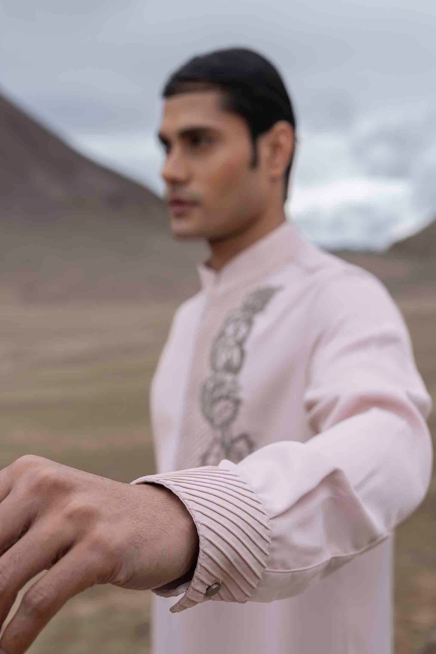 Pink Knit Kurta with Pintuck Placket & Metal Bead Floral Motifs, Paired with Aligarhi Pants