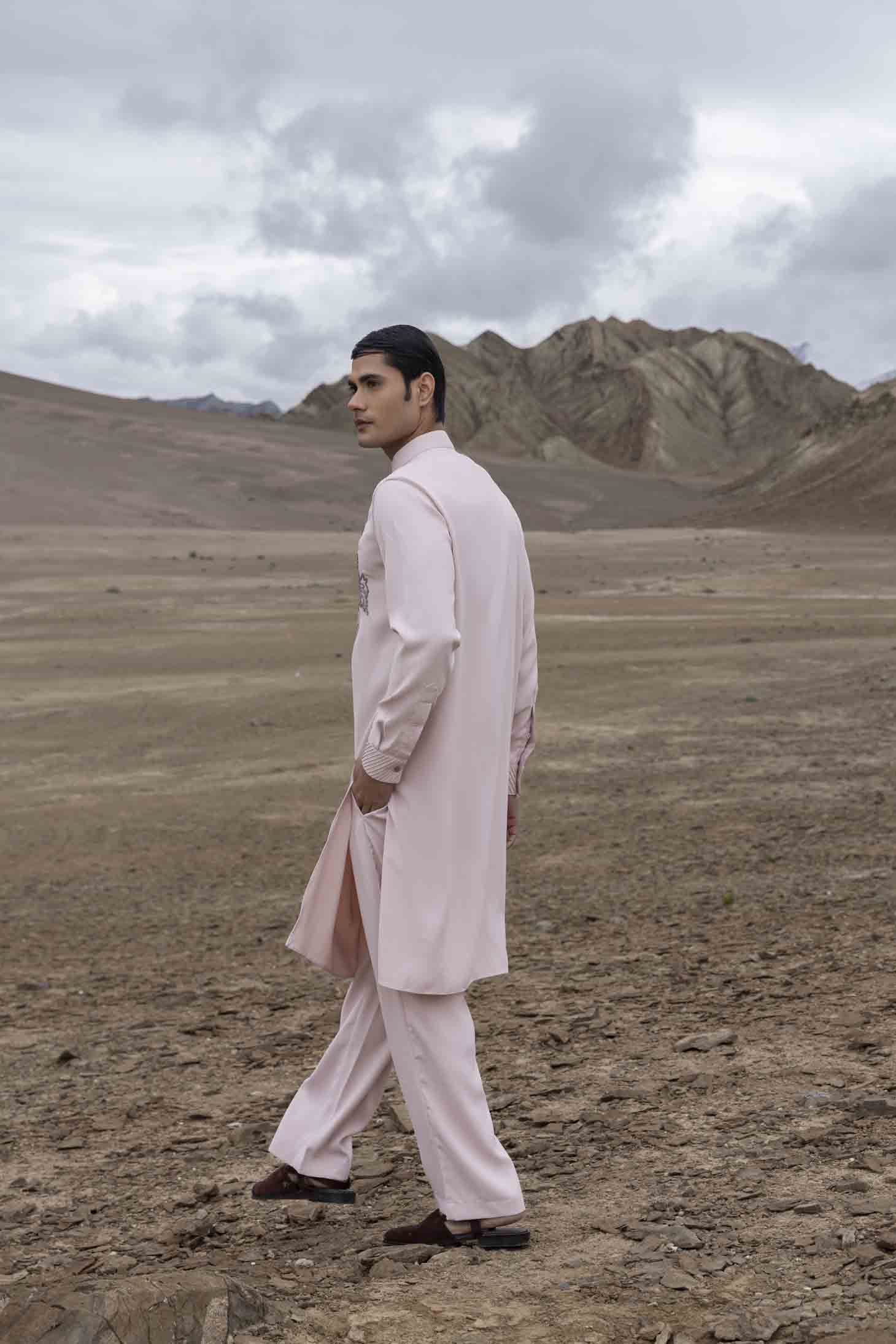 Pink Knit Kurta with Pintuck Placket & Metal Bead Floral Motifs, Paired with Aligarhi Pants