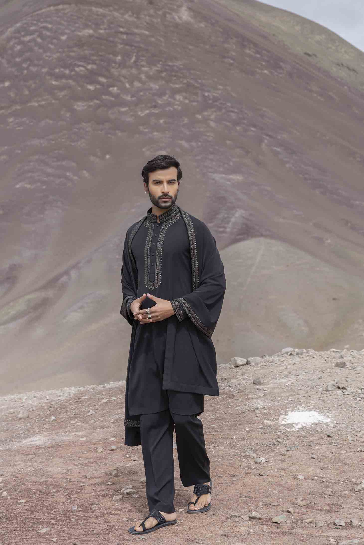 Black Knit Kurta with Antique Grey Metal Placket Embellishments, Embroidered Stole & Aligarhi Pants