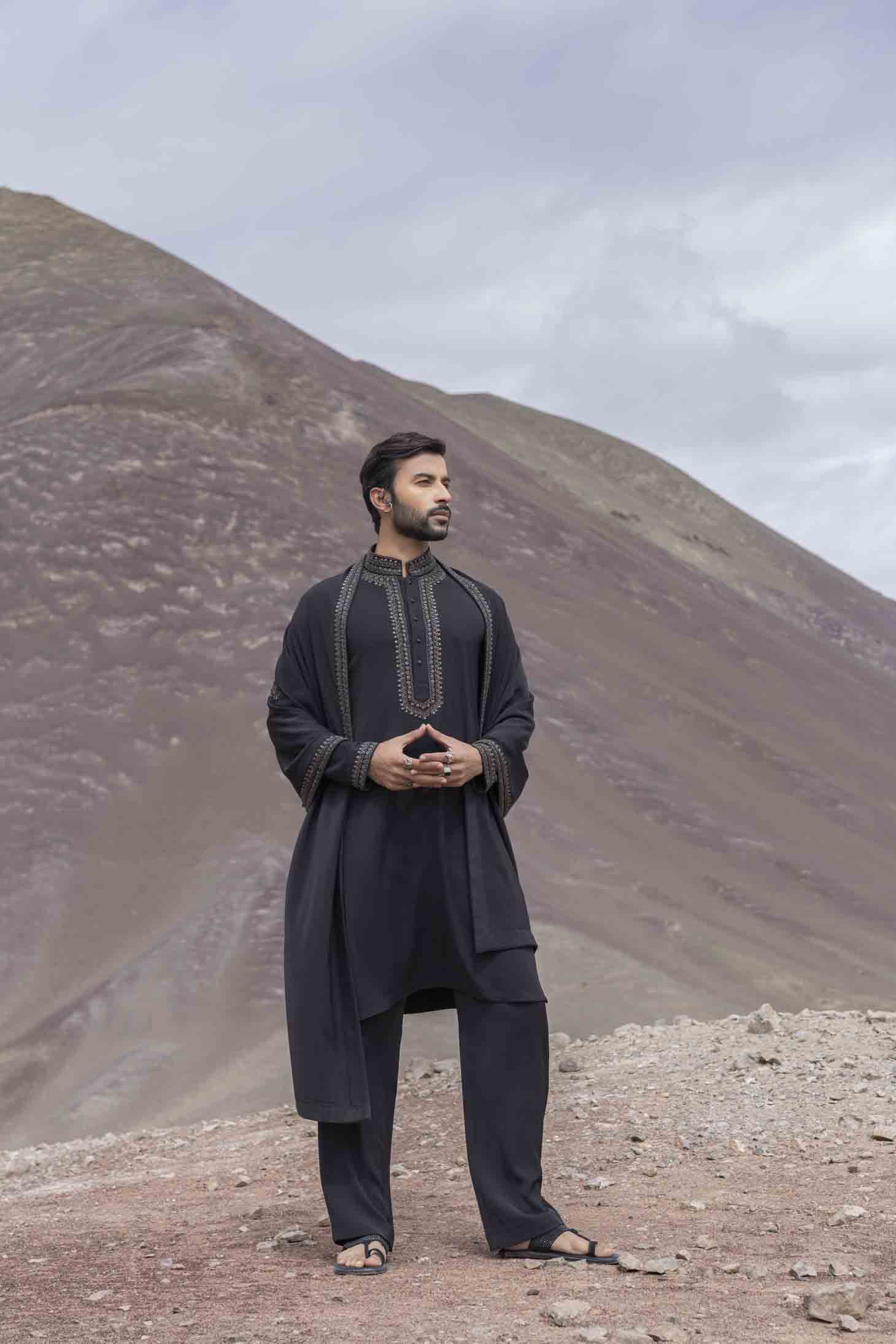 Black Knit Kurta with Antique Grey Metal Placket Embellishments, Embroidered Stole & Aligarhi Pants