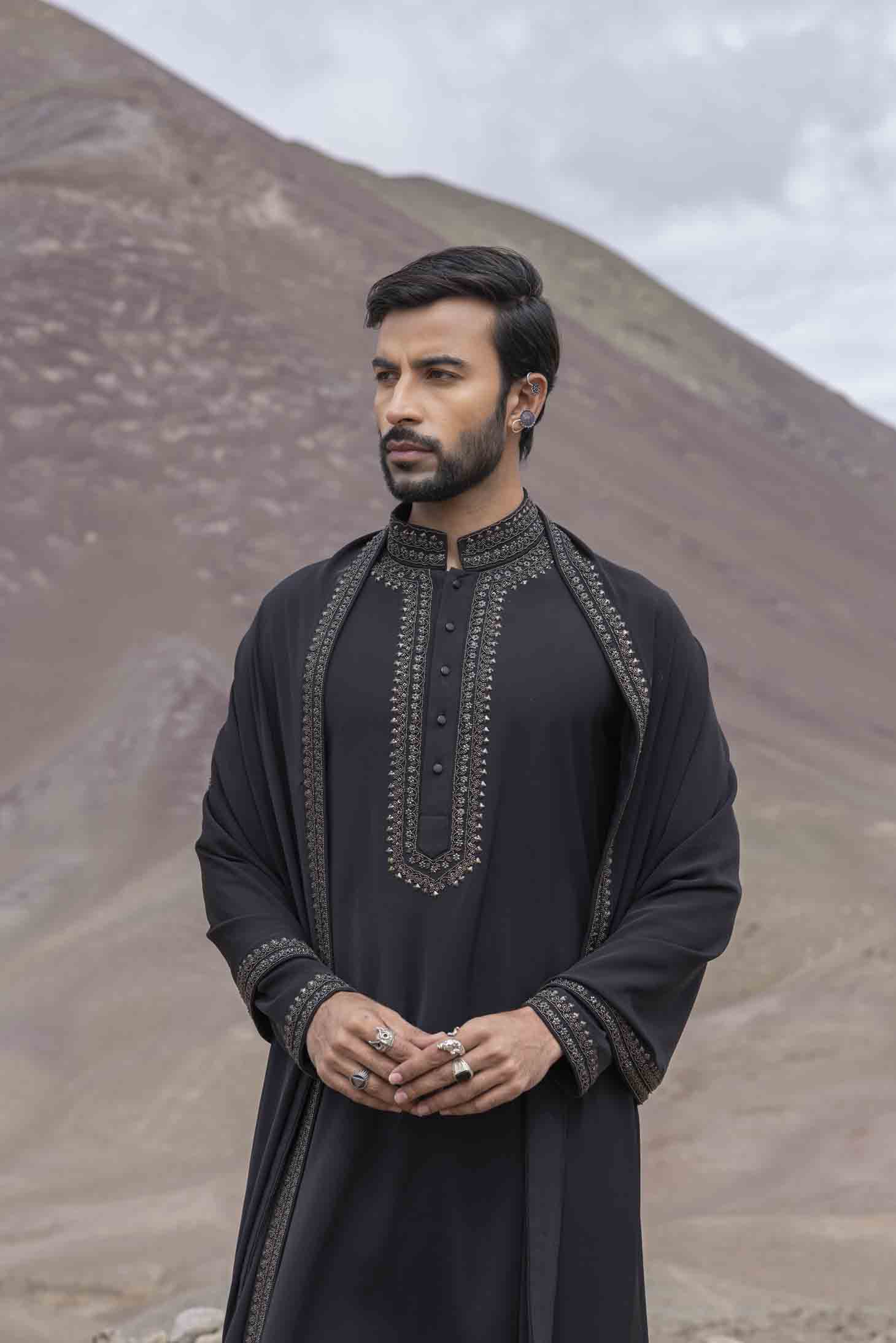 Black Knit Kurta with Antique Grey Metal Placket Embellishments, Embroidered Stole & Aligarhi Pants
