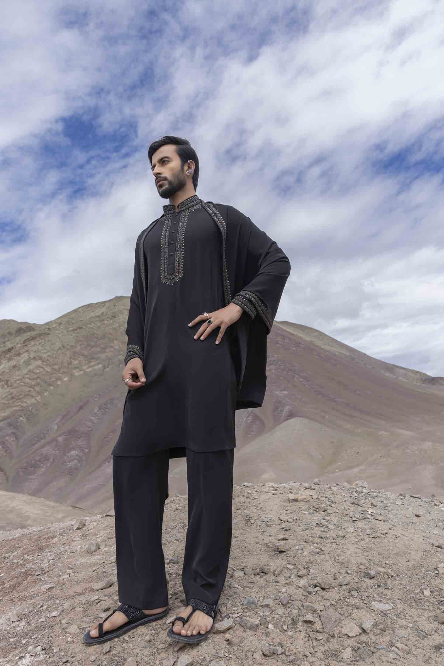 Black Knit Kurta with Antique Grey Metal Placket Embellishments, Embroidered Stole & Aligarhi Pants