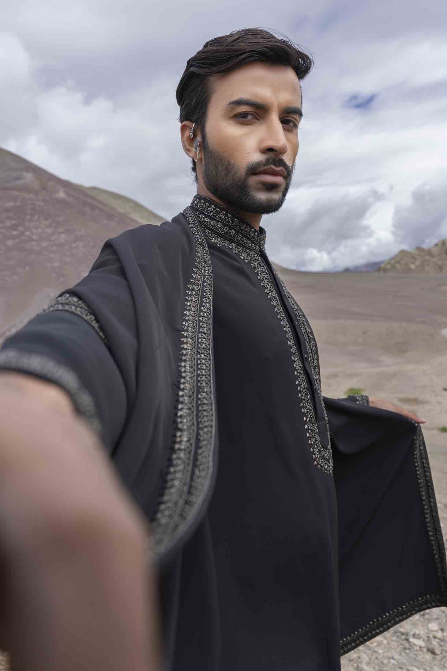 Black Knit Kurta with Antique Grey Metal Placket Embellishments, Embroidered Stole & Aligarhi Pants