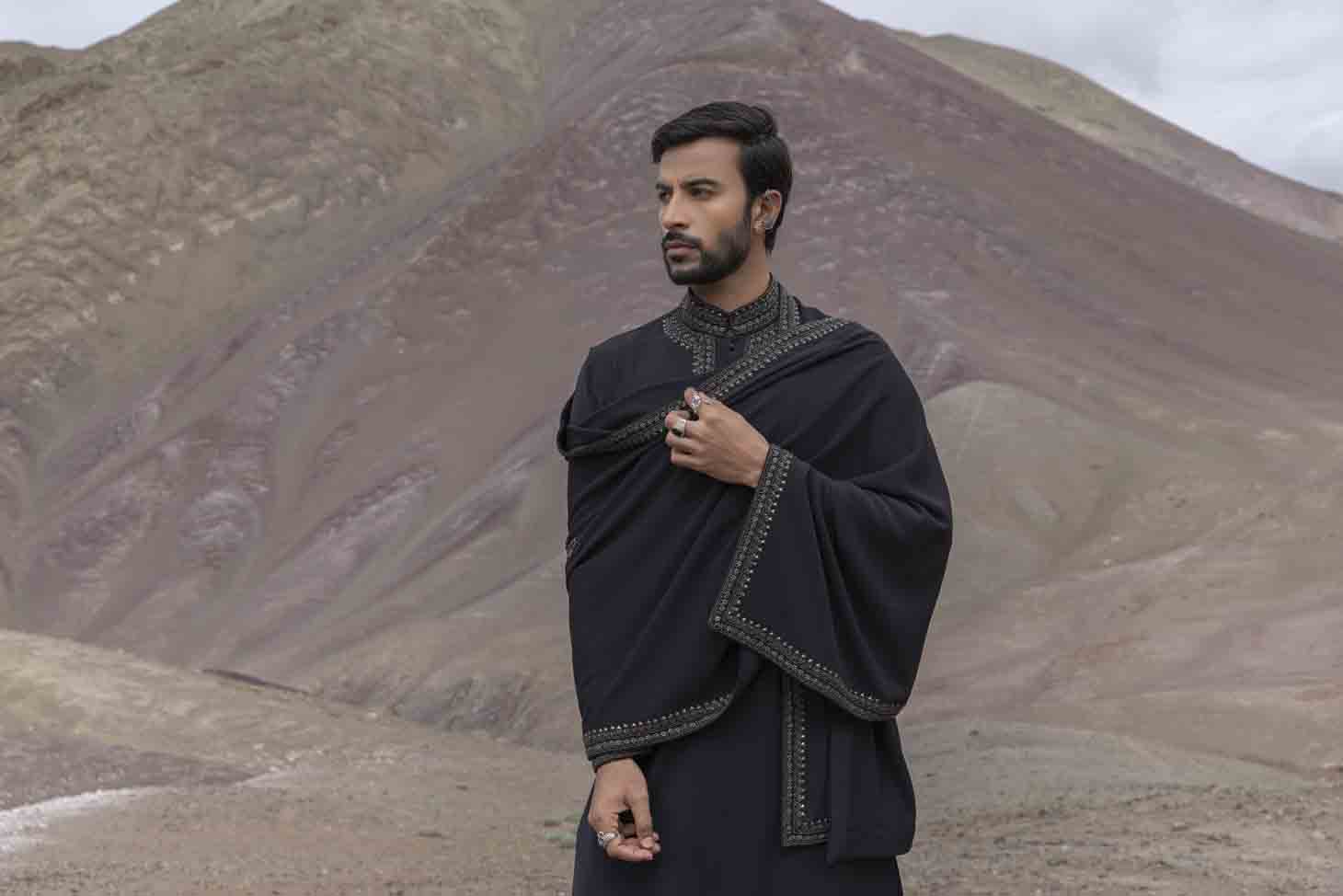 Black Knit Kurta with Antique Grey Metal Placket Embellishments, Embroidered Stole & Aligarhi Pants