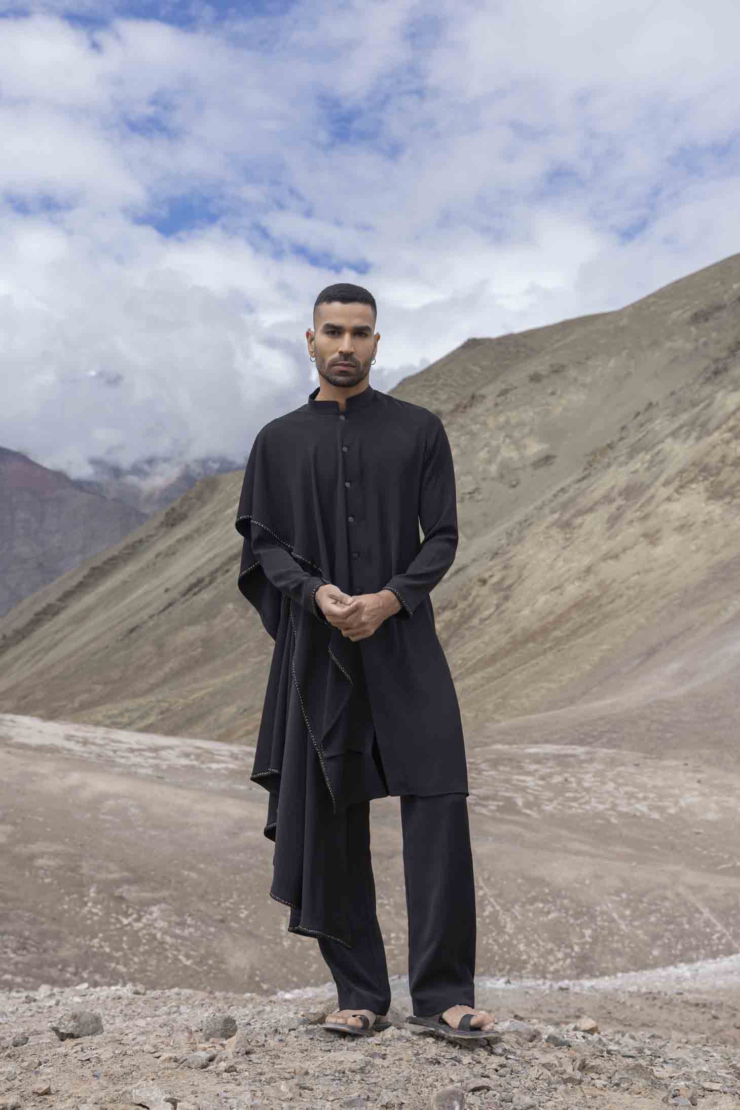 Black Knit Kurta set with Asymmetrical Cut & Antique Metal Rings, Paired with Aligarhi Pants