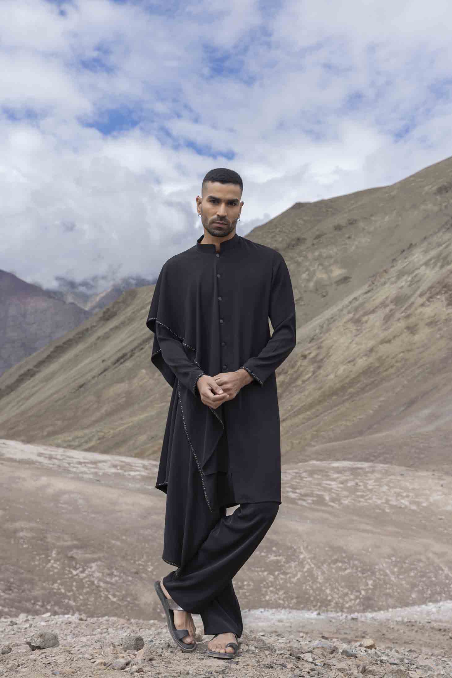 Black Knit Kurta set with Asymmetrical Cut & Antique Metal Rings, Paired with Aligarhi Pants