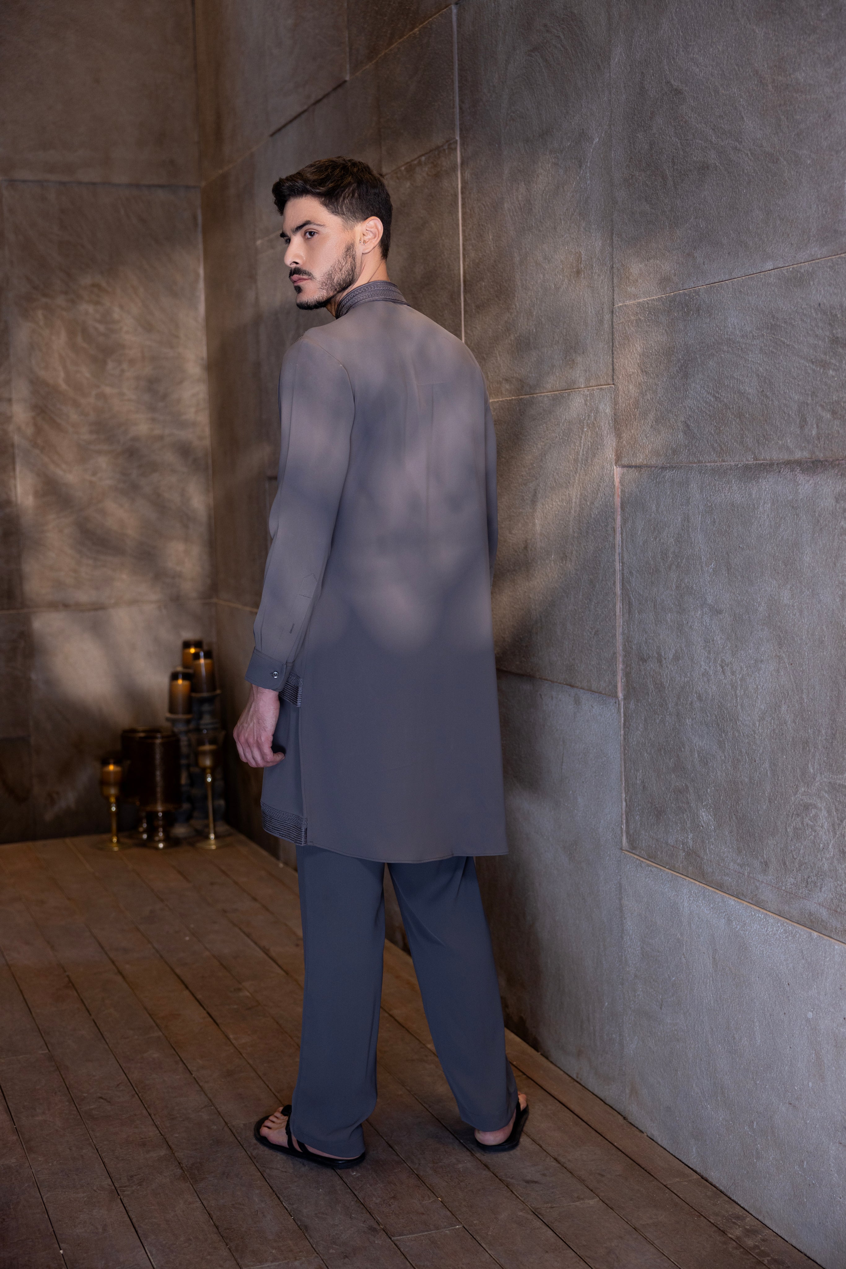 Mouse colour asymmetrical hand-embroidered kurta paired with a matching aligadhi.
