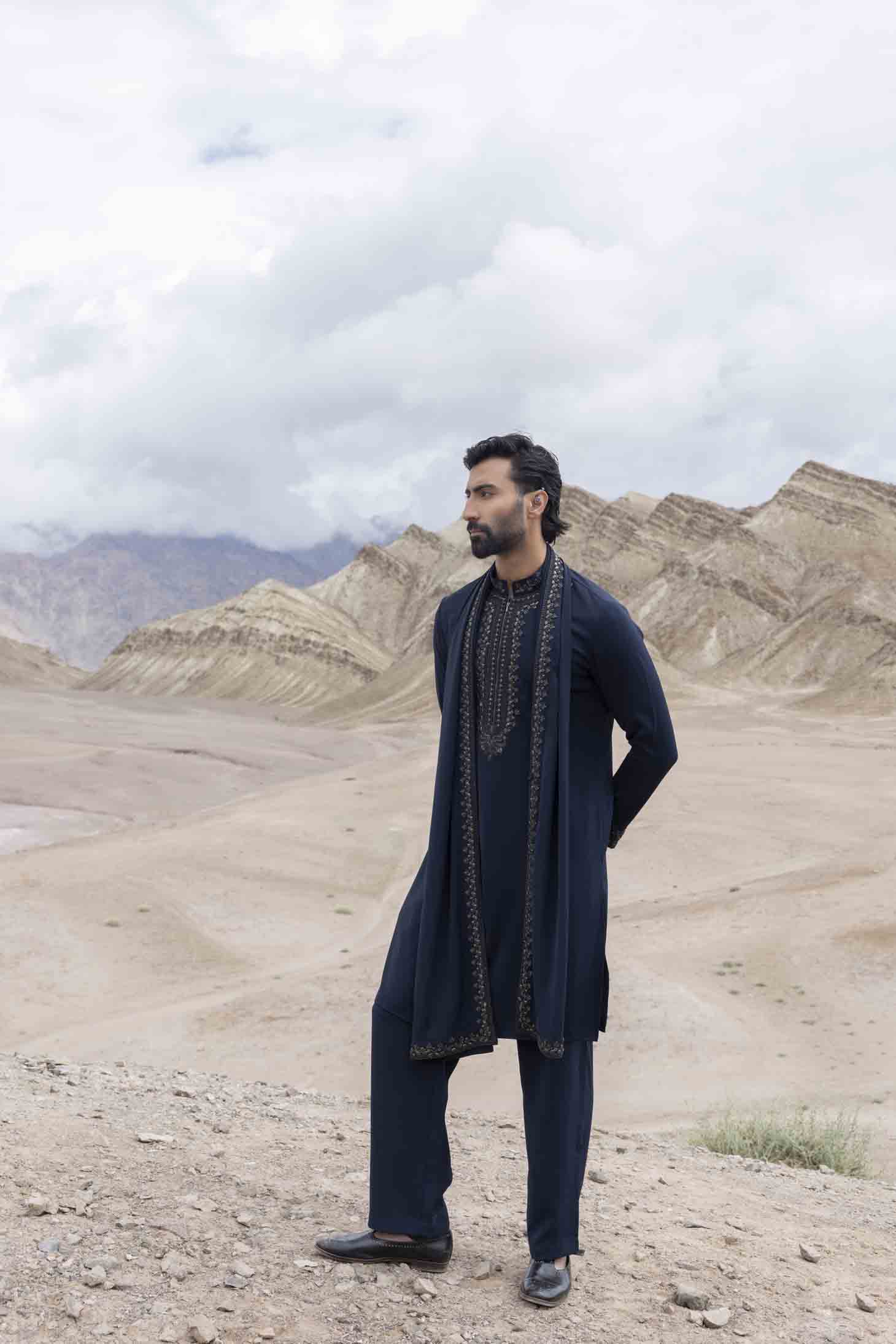 Navy Knit Kurta with Antique Grey Metal Embellishments, Embroidered Stole & Aligarhi Pants