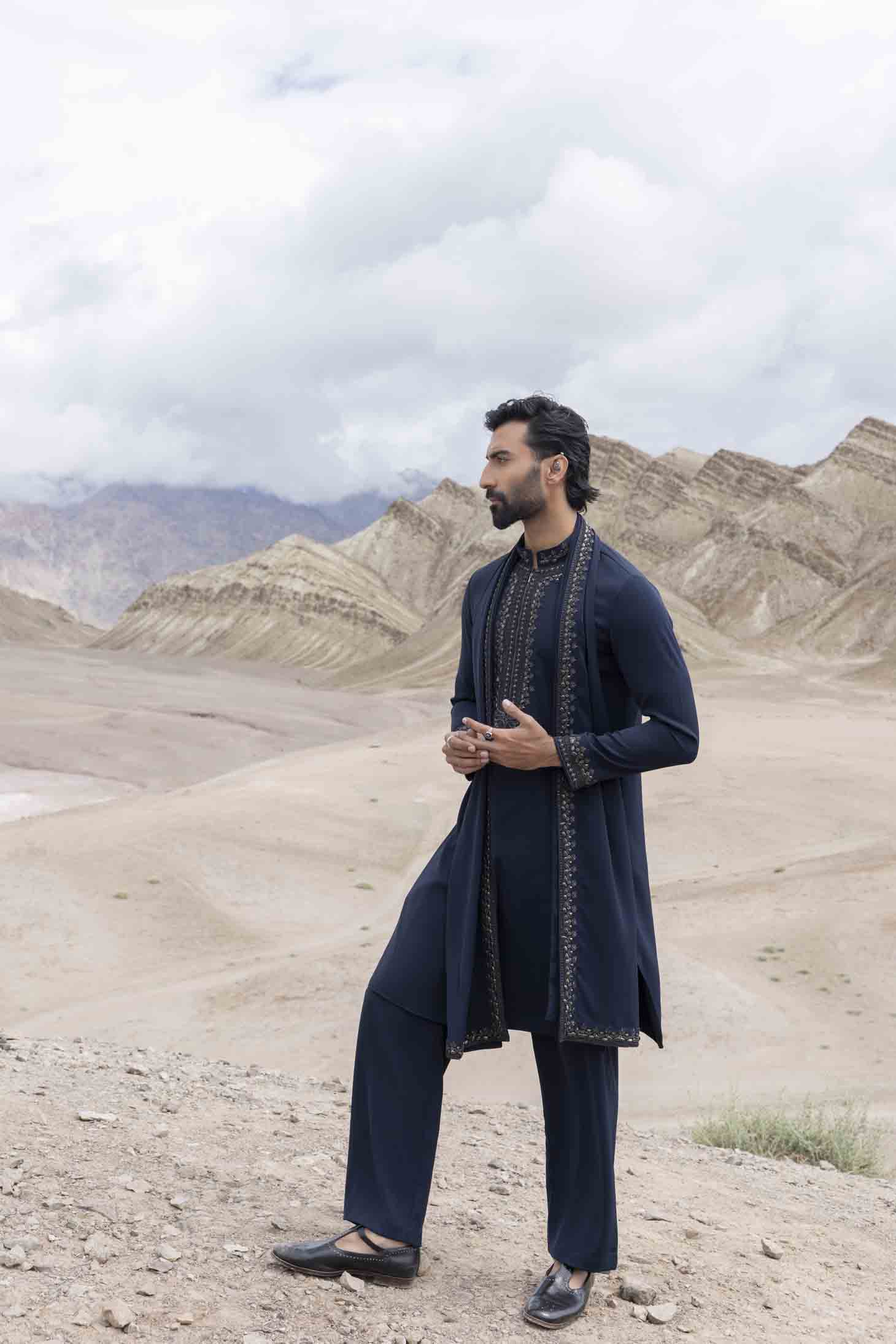 Navy Knit Kurta with Antique Grey Metal Embellishments, Embroidered Stole & Aligarhi Pants