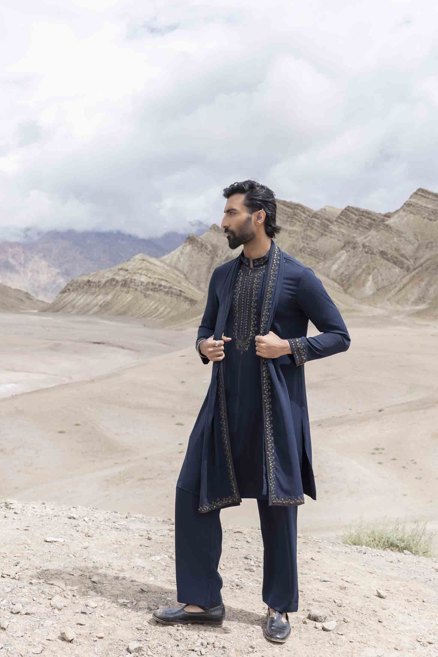 Navy Knit Kurta with Antique Grey Metal Embellishments, Embroidered Stole & Aligarhi Pants