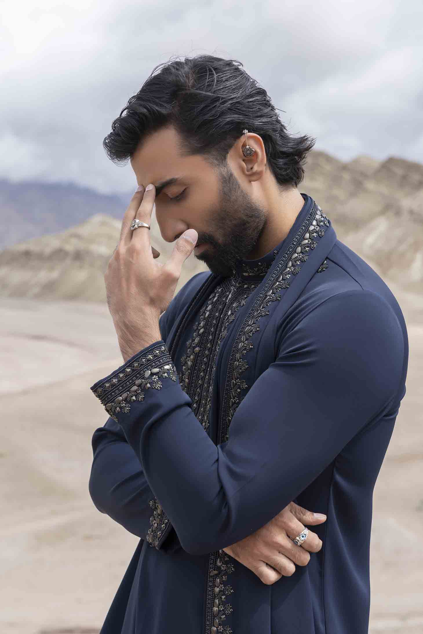 Navy Knit Kurta with Antique Grey Metal Embellishments, Embroidered Stole & Aligarhi Pants