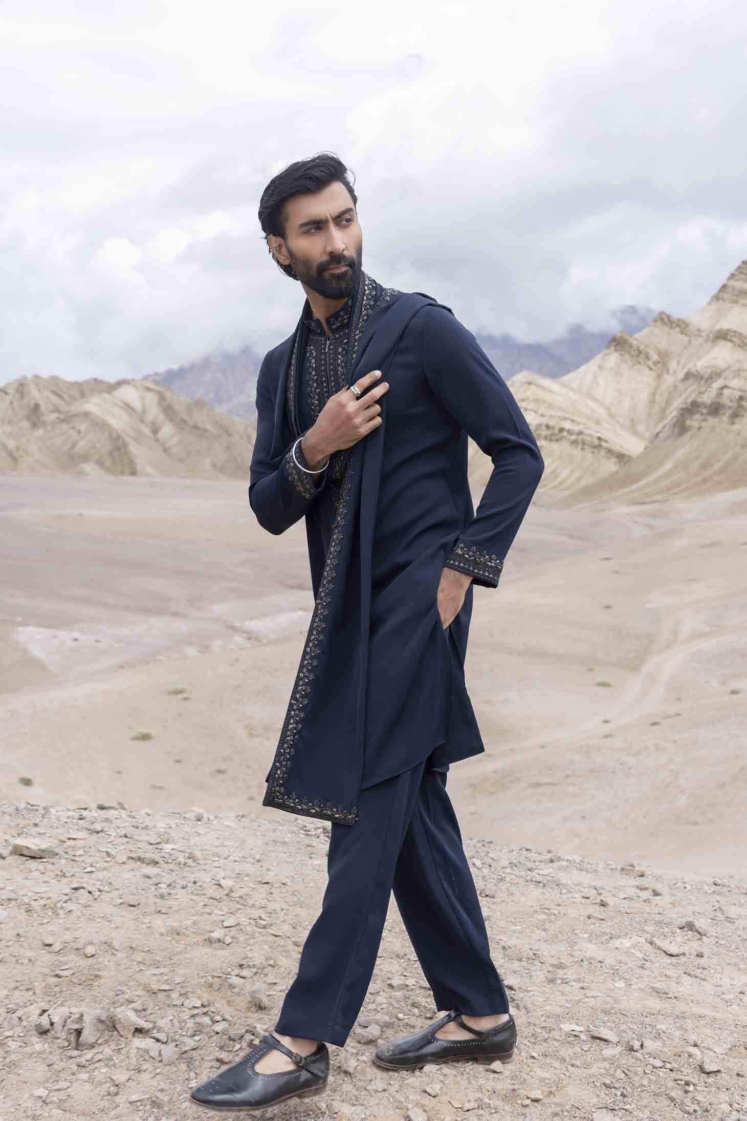 Navy Knit Kurta with Antique Grey Metal Embellishments, Embroidered Stole & Aligarhi Pants