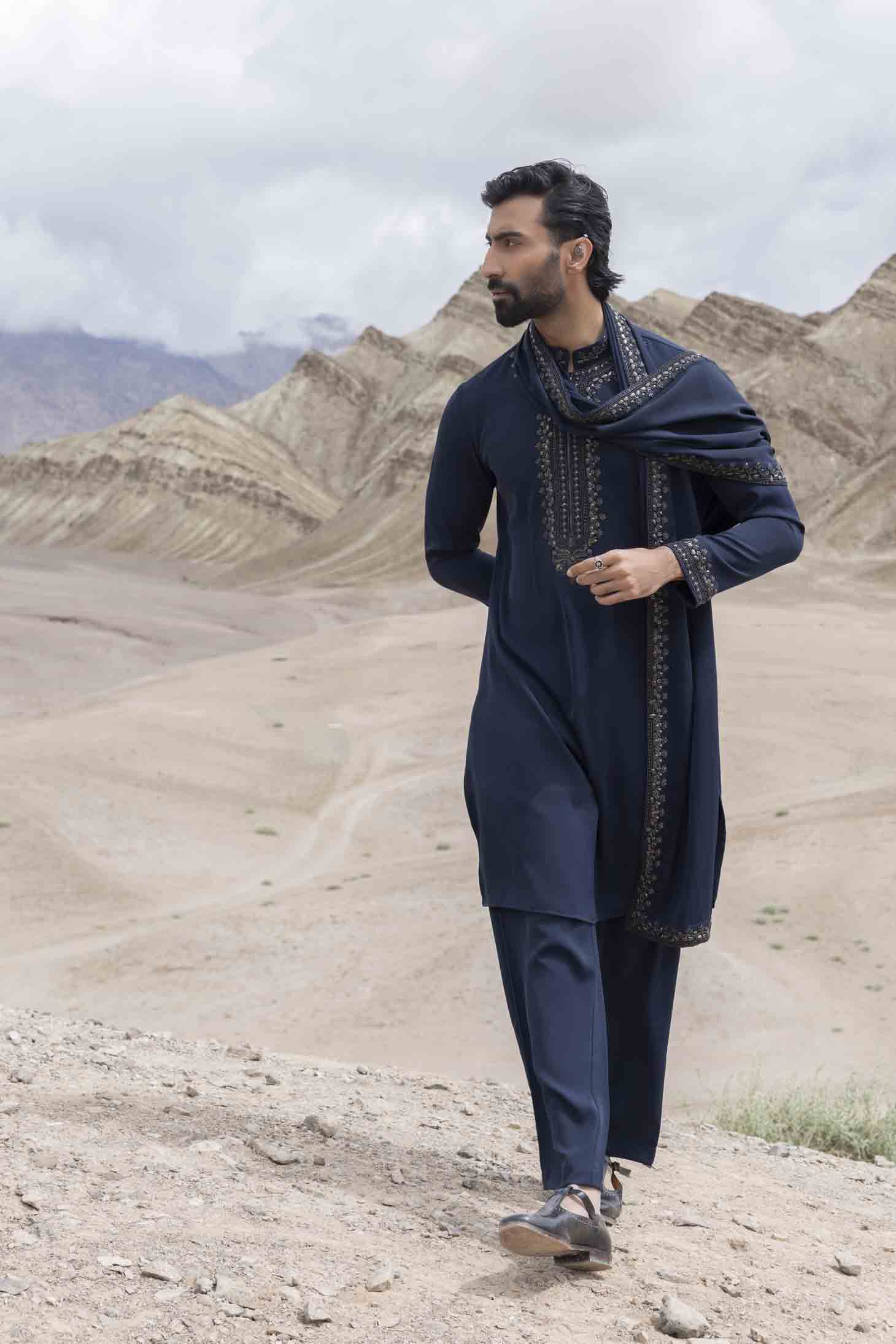 Navy Knit Kurta with Antique Grey Metal Embellishments, Embroidered Stole & Aligarhi Pants