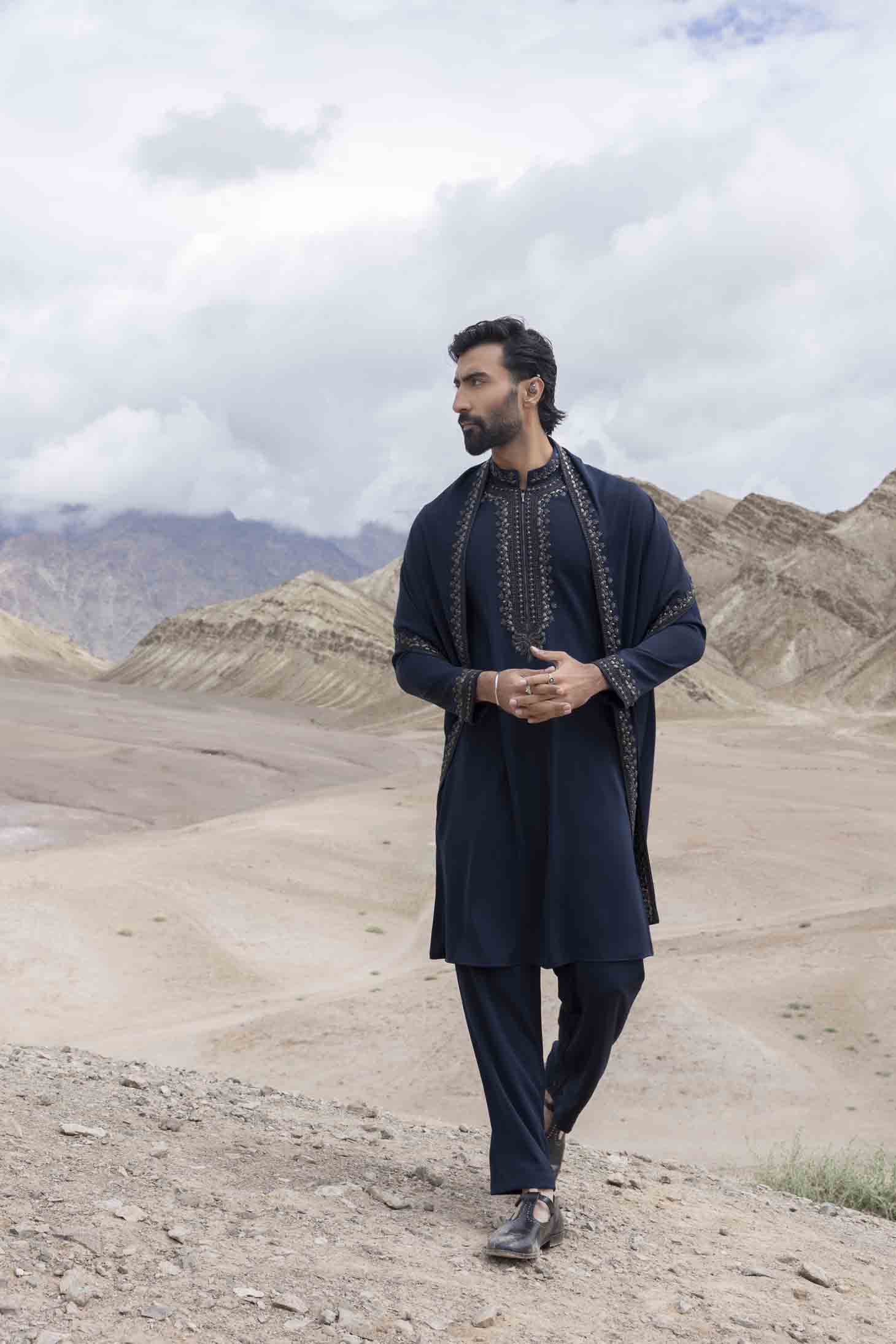 Navy Knit Kurta with Antique Grey Metal Embellishments, Embroidered Stole & Aligarhi Pants