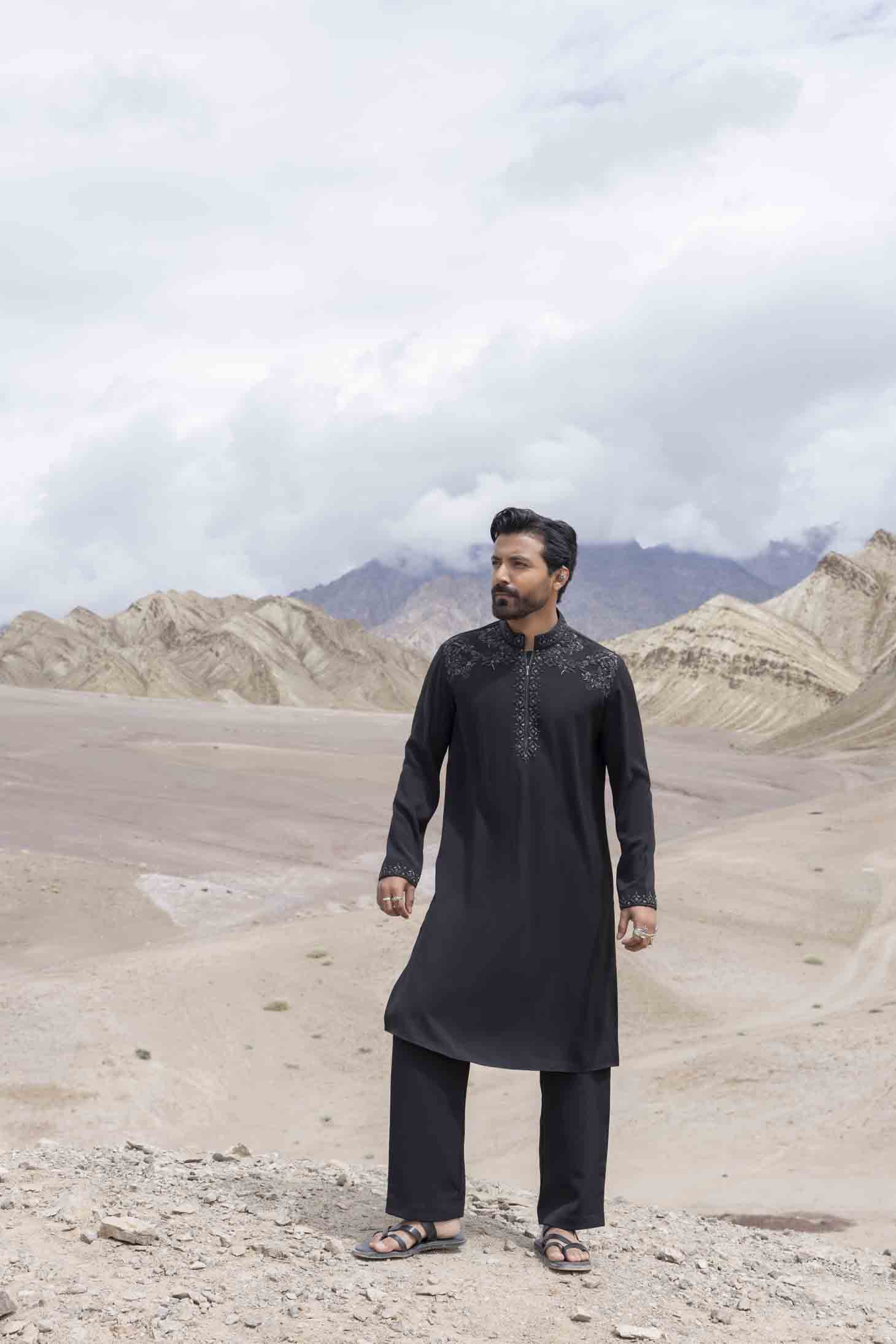 Black Knit Kurta set with Antique Grey Metal Shoulder & Placket Embellishments, Paired with Aligarhi Pants