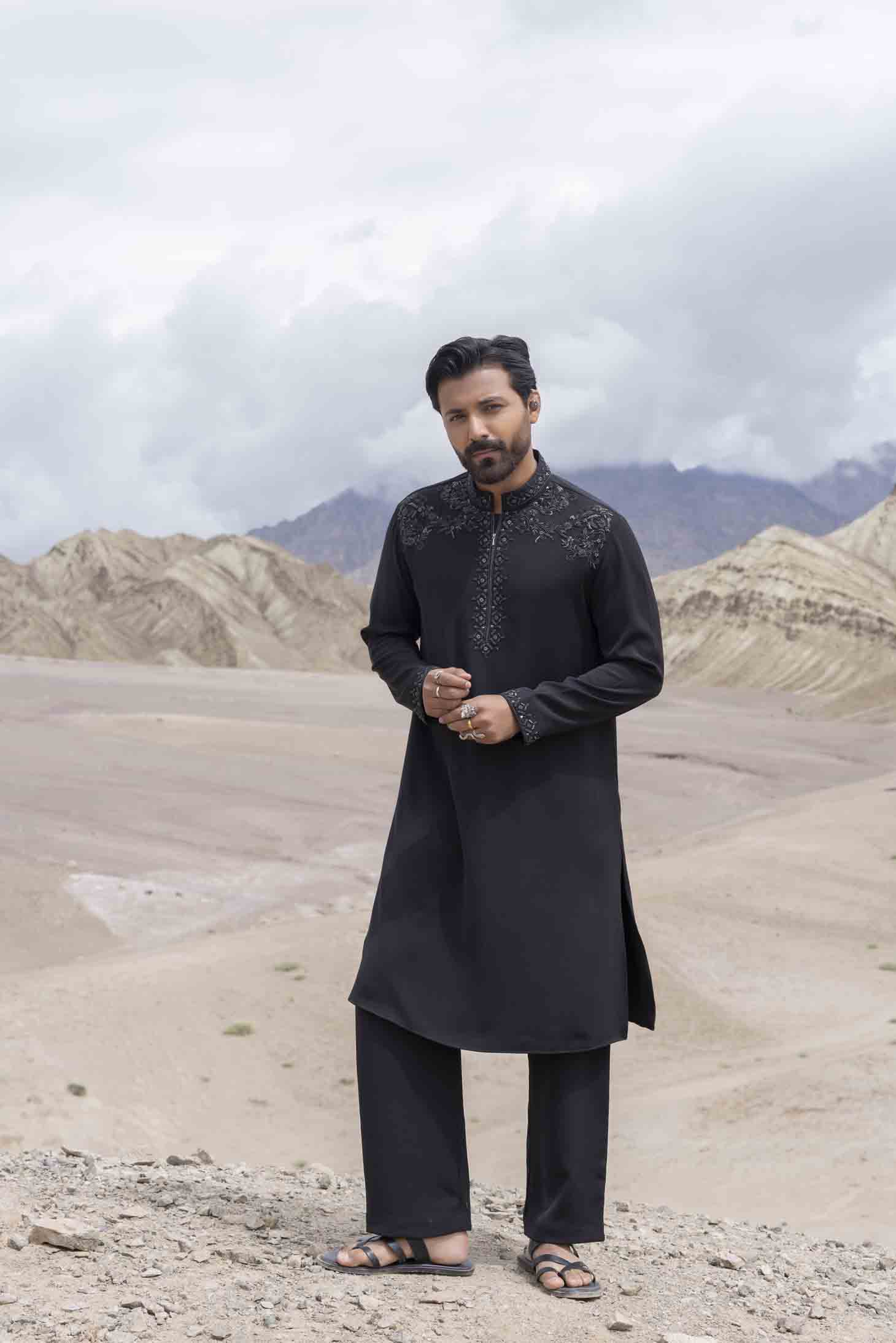 Black Knit Kurta set with Antique Grey Metal Shoulder & Placket Embellishments, Paired with Aligarhi Pants