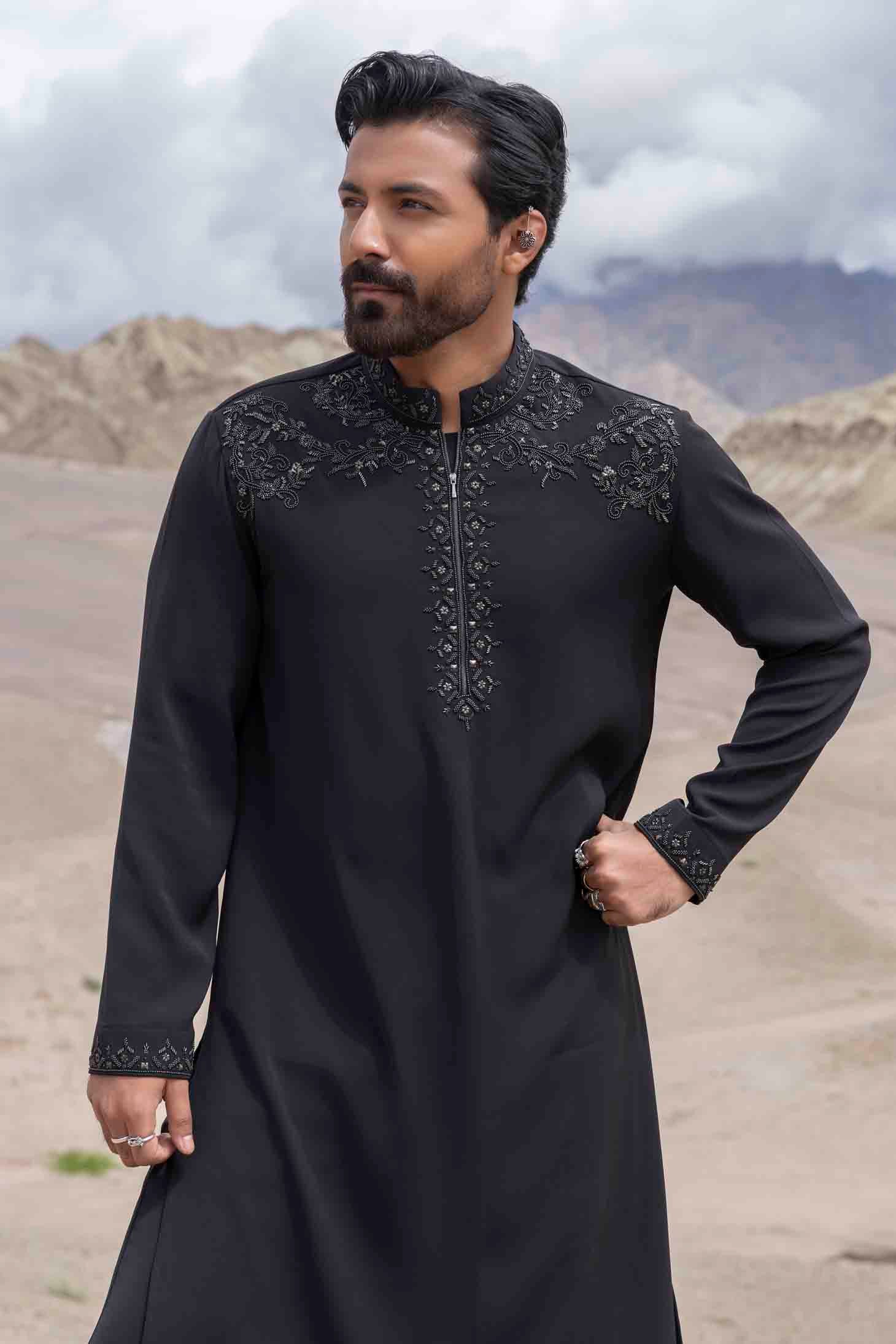 Black Knit Kurta set with Antique Grey Metal Shoulder & Placket Embellishments, Paired with Aligarhi Pants
