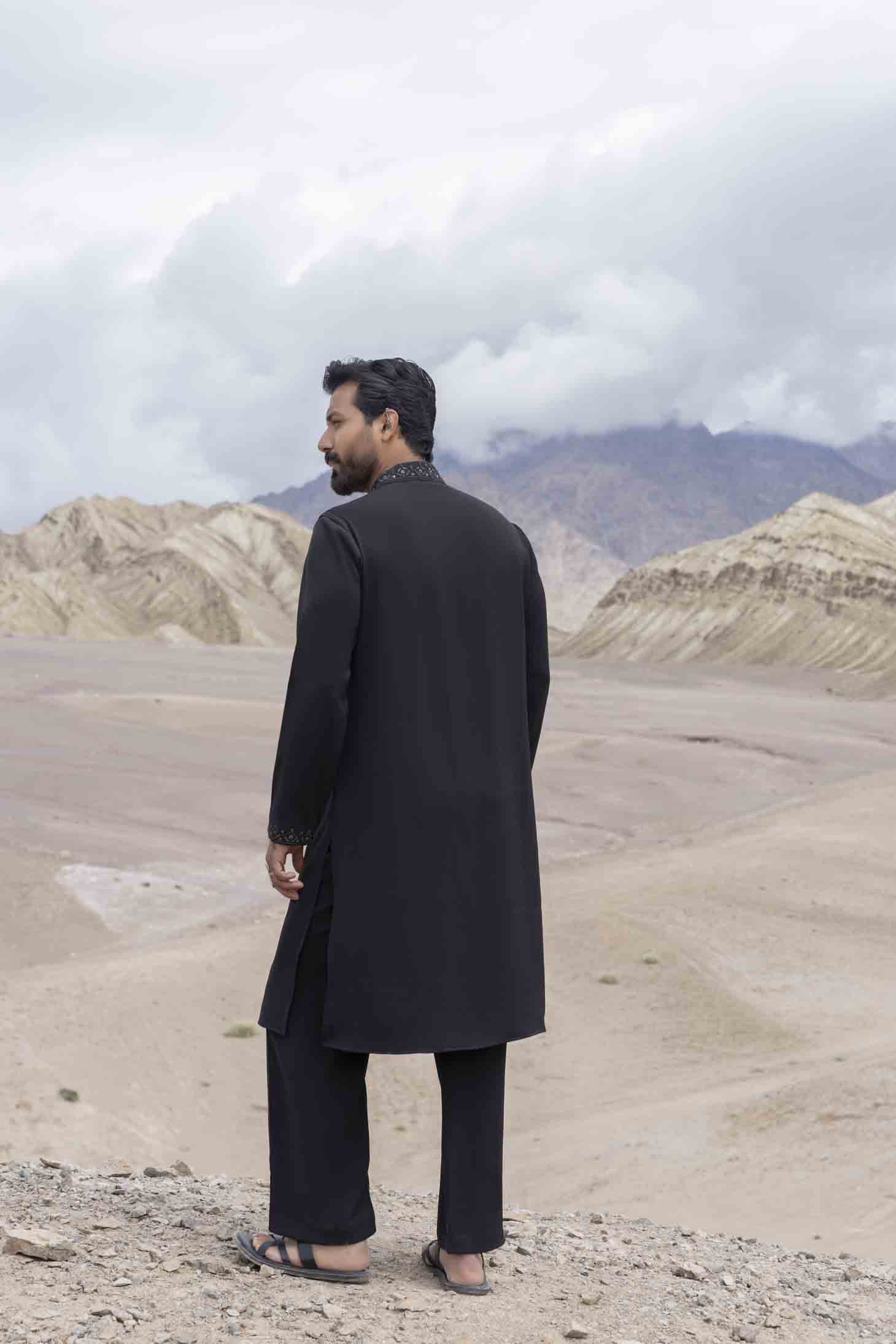 Black Knit Kurta set with Antique Grey Metal Shoulder & Placket Embellishments, Paired with Aligarhi Pants