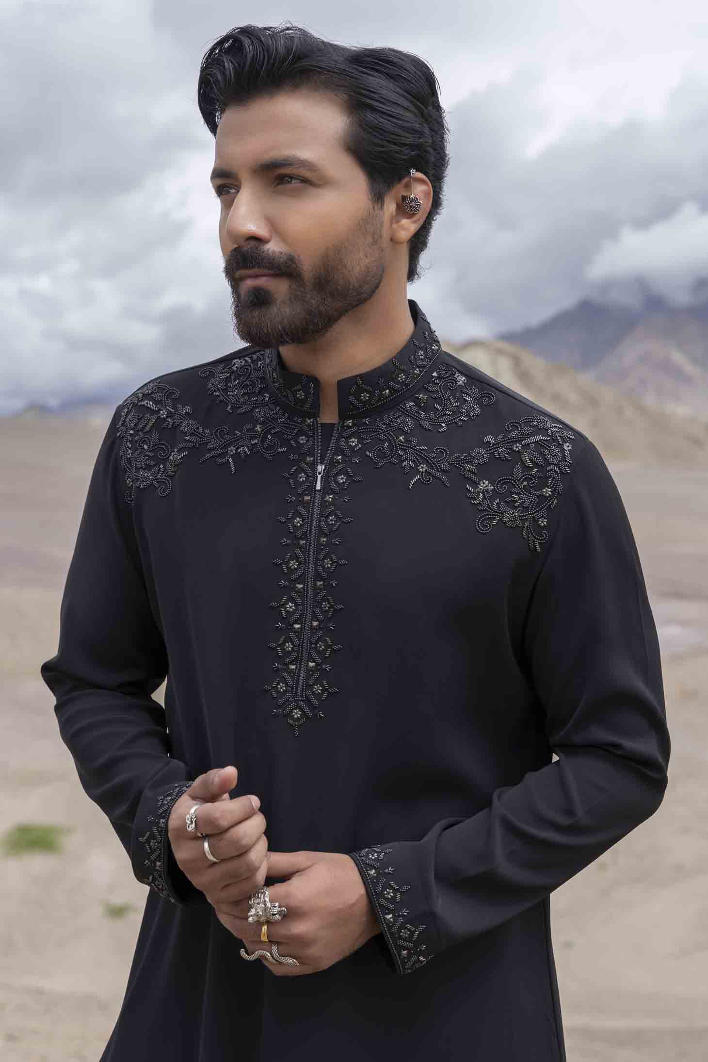 Black Knit Kurta set with Antique Grey Metal Shoulder & Placket Embellishments, Paired with Aligarhi Pants