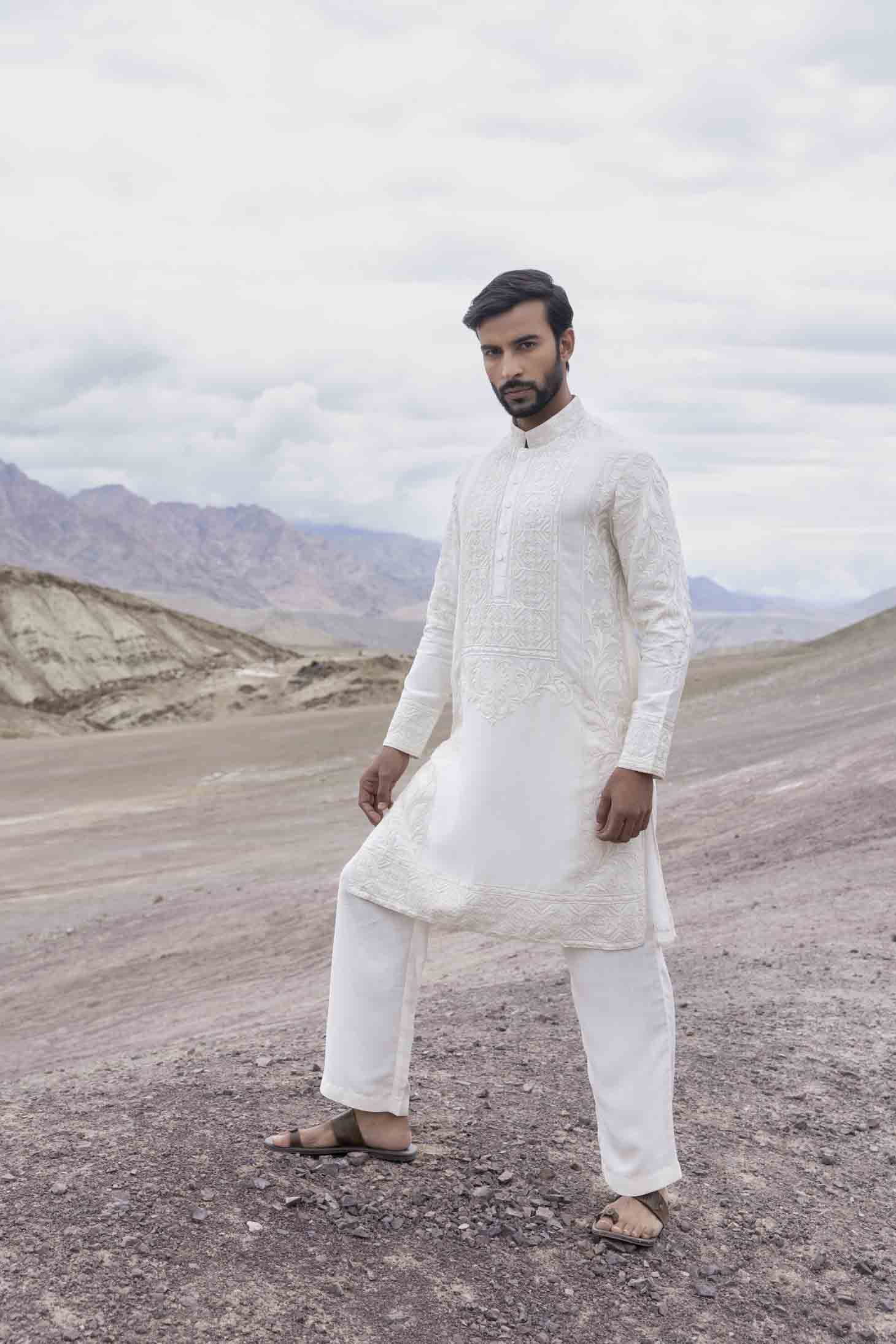 Ivory Silk Linen Kurta with Dori Embroidered Front Panel & Aligarhi Pants