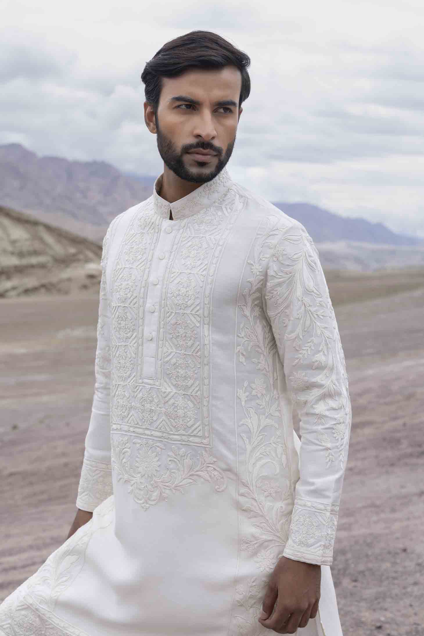 Ivory Silk Linen Kurta with Dori Embroidered Front Panel & Aligarhi Pants