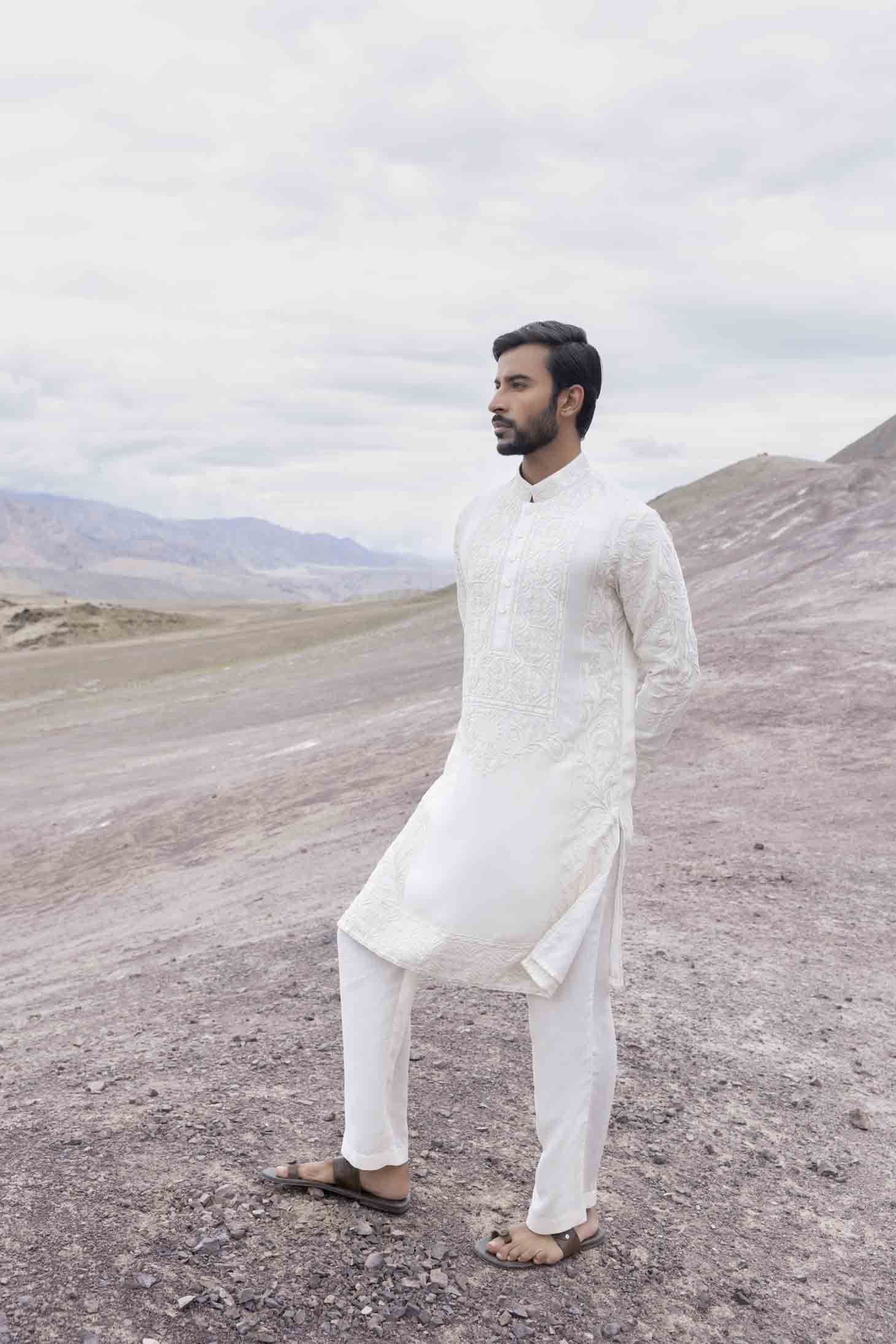 Ivory Silk Linen Kurta with Dori Embroidered Front Panel & Aligarhi Pants