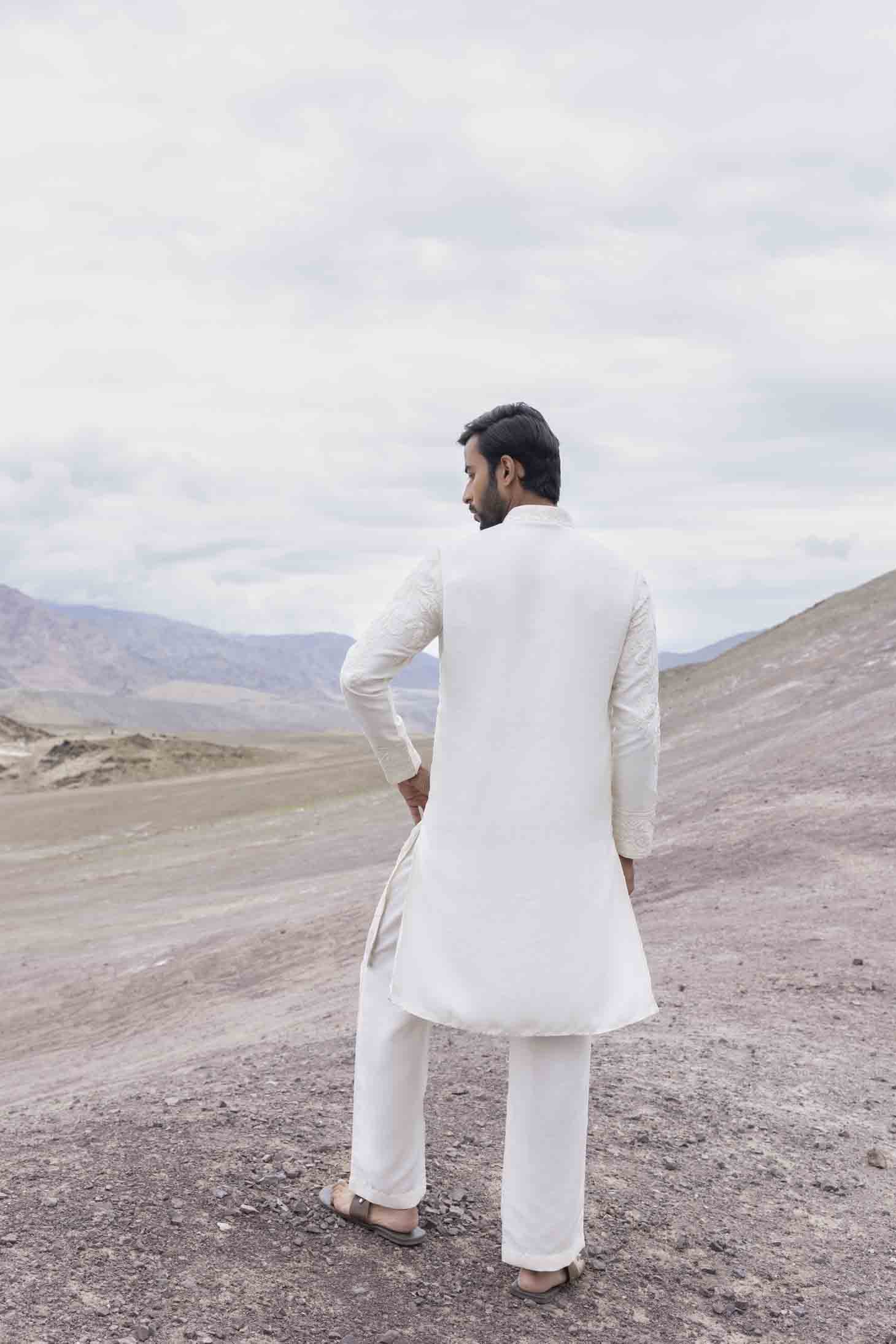 Ivory Silk Linen Kurta with Dori Embroidered Front Panel & Aligarhi Pants