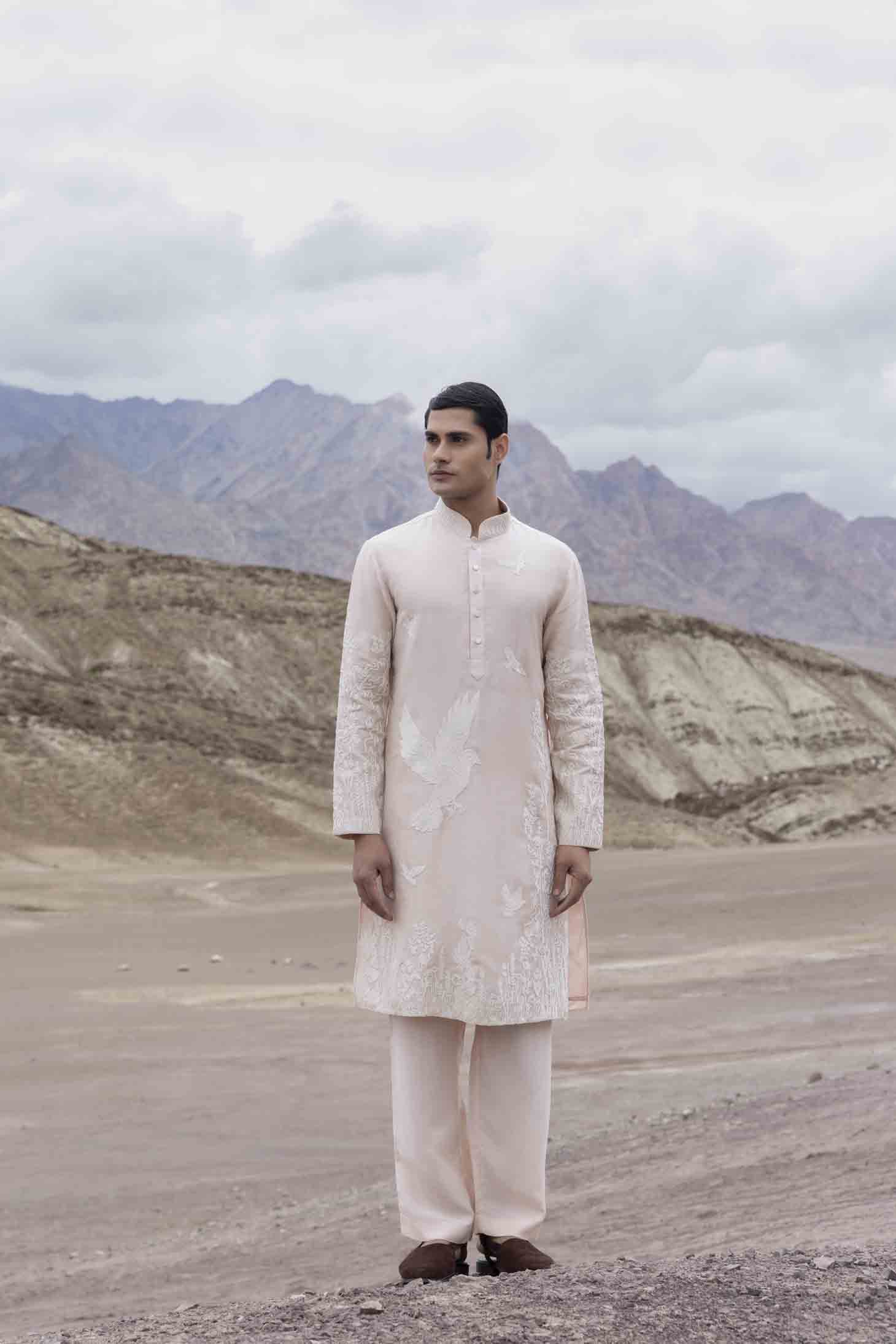 Pink Silk Linen Kurta set with Ivory Dori Embroidered Front Panel & Aligarhi Pants