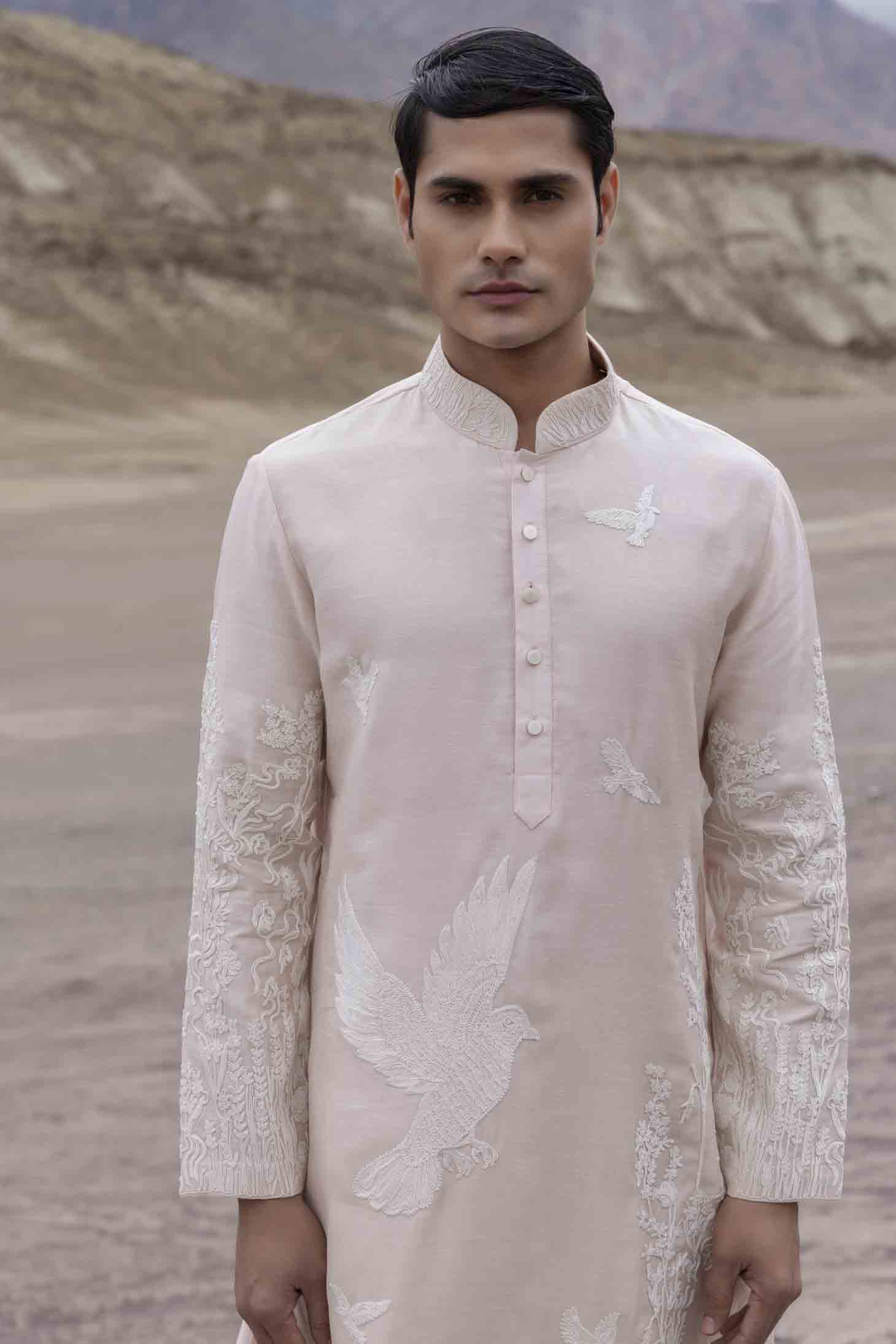 Pink Silk Linen Kurta set with Ivory Dori Embroidered Front Panel & Aligarhi Pants