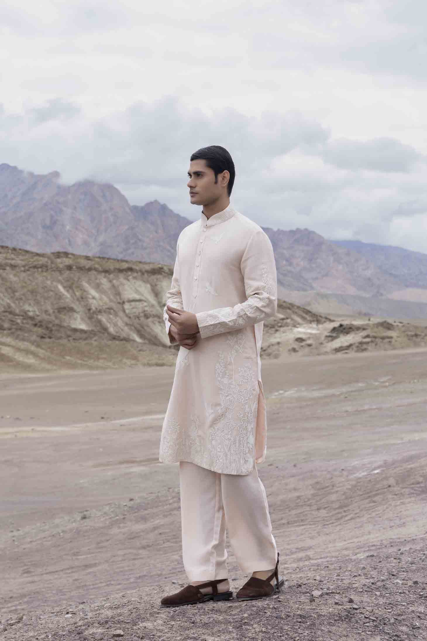 Pink Silk Linen Kurta set with Ivory Dori Embroidered Front Panel & Aligarhi Pants