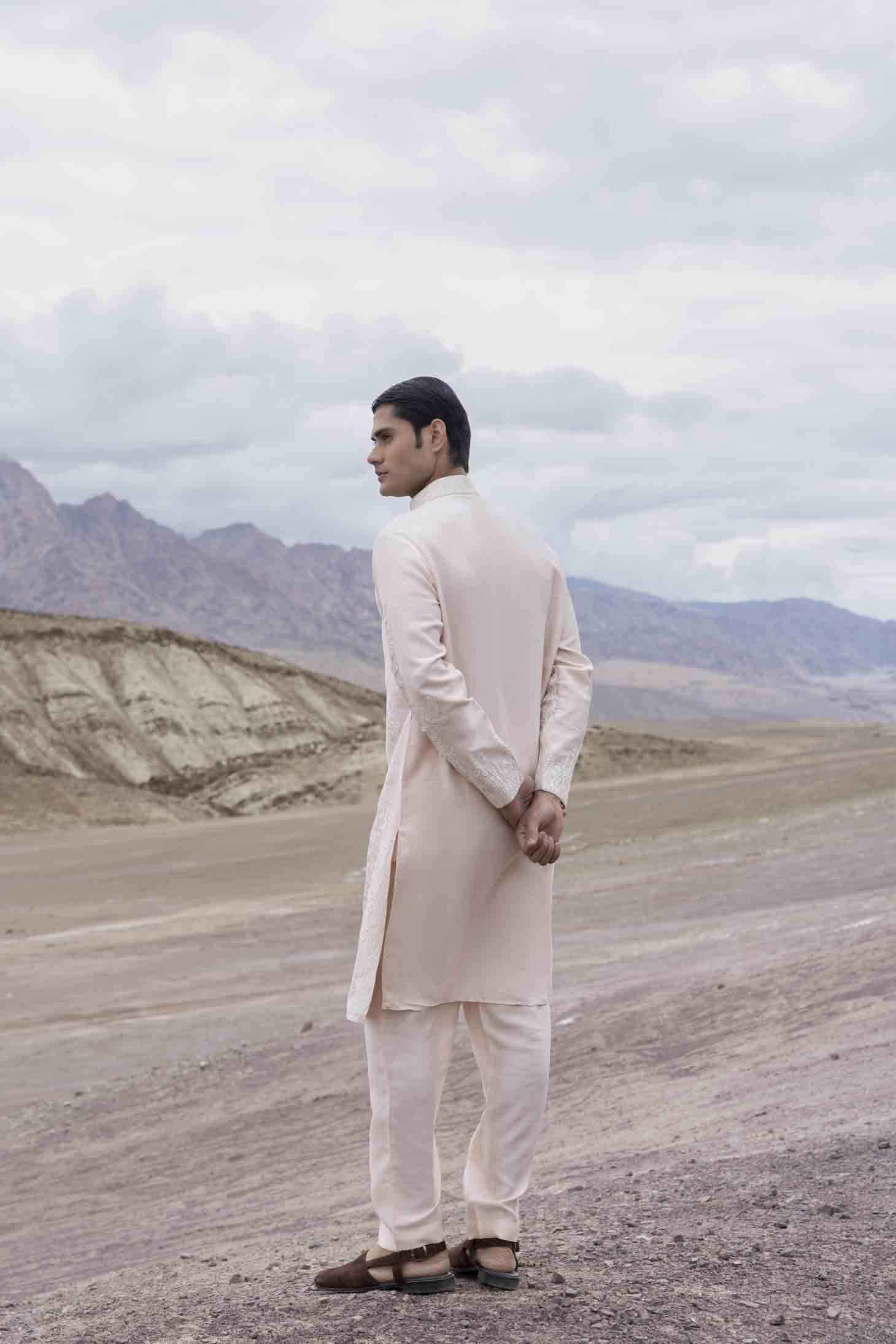 Pink Silk Linen Kurta set with Ivory Dori Embroidered Front Panel & Aligarhi Pants