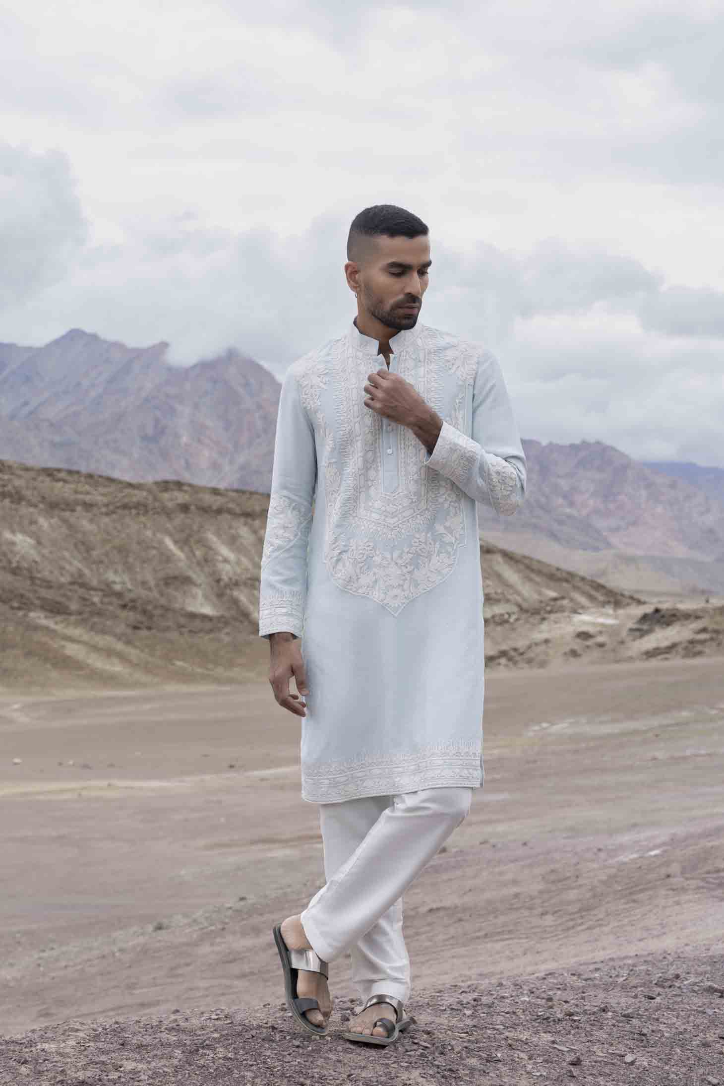 Sky Blue Silk Linen Kurta with Persian Hand-Embroidered Dori Panel & Aligarhi Pants