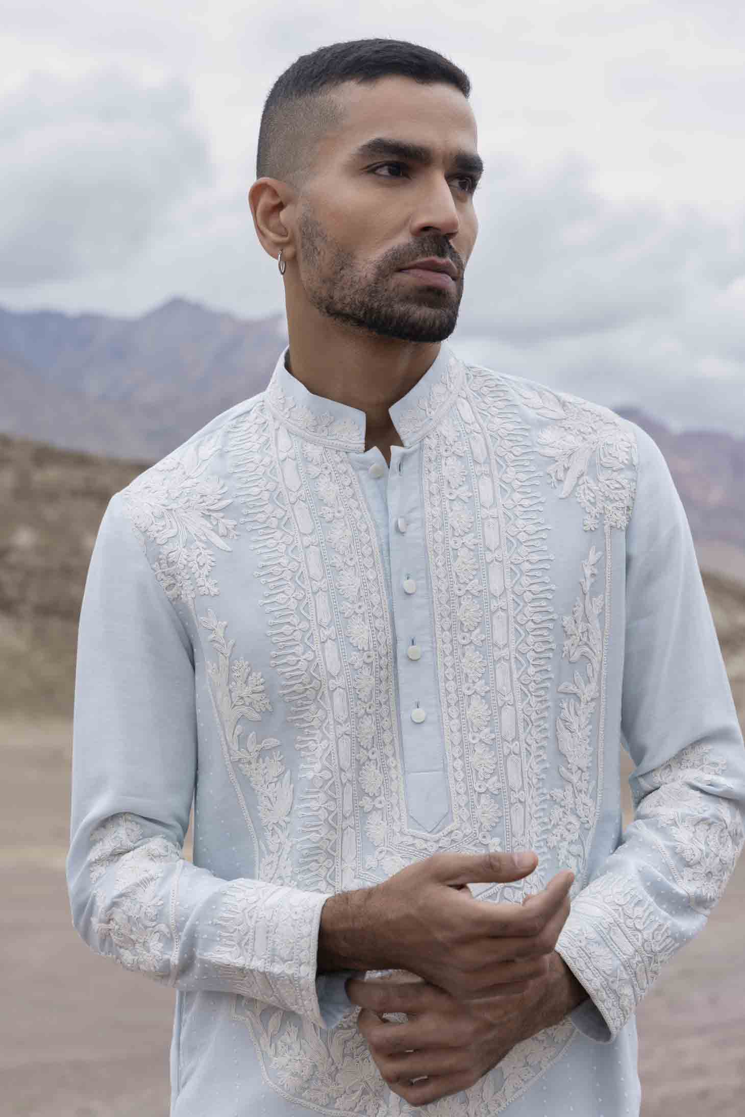 Sky Blue Silk Linen Kurta with Persian Hand-Embroidered Dori Panel & Aligarhi Pants