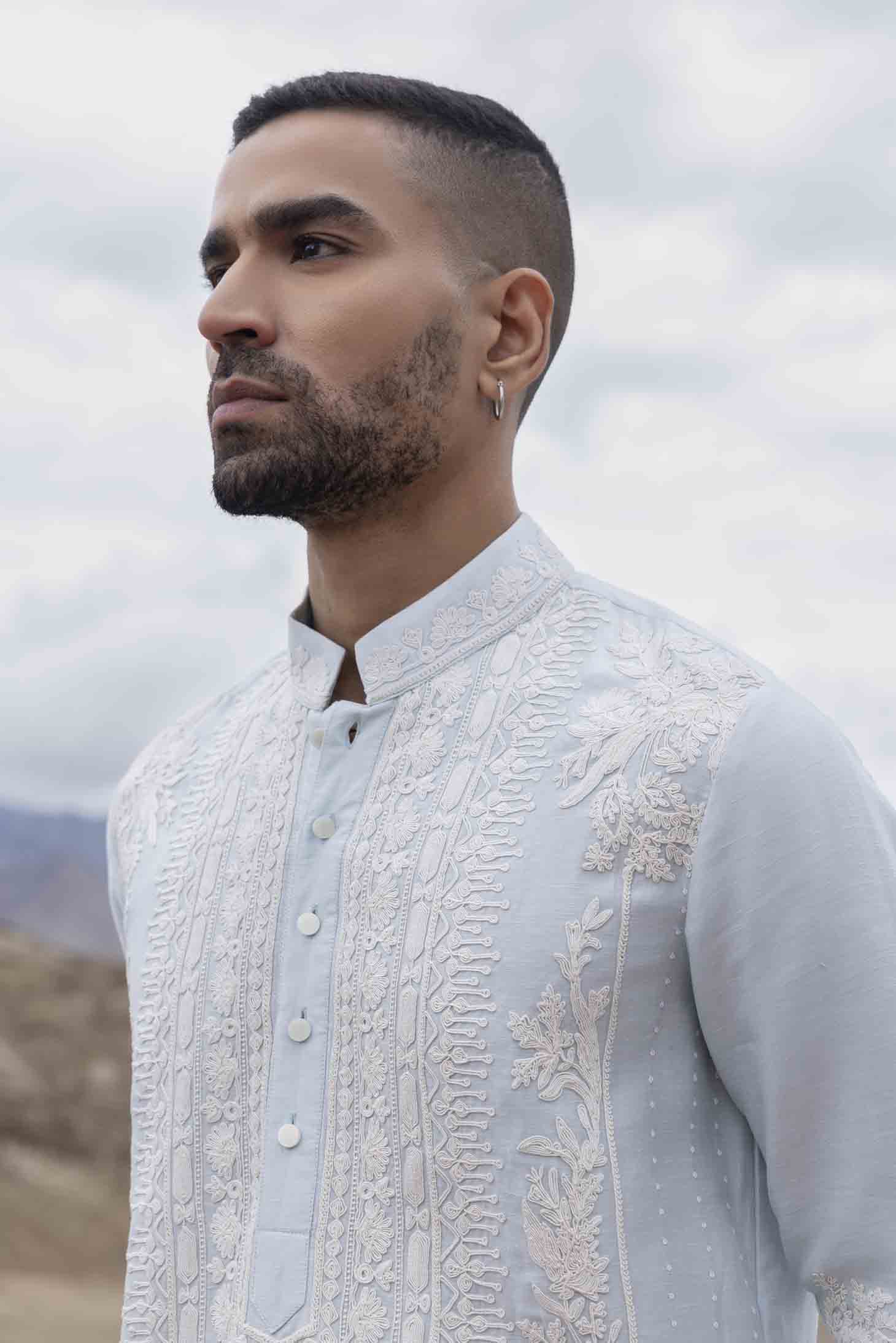 Sky Blue Silk Linen Kurta with Persian Hand-Embroidered Dori Panel & Aligarhi Pants