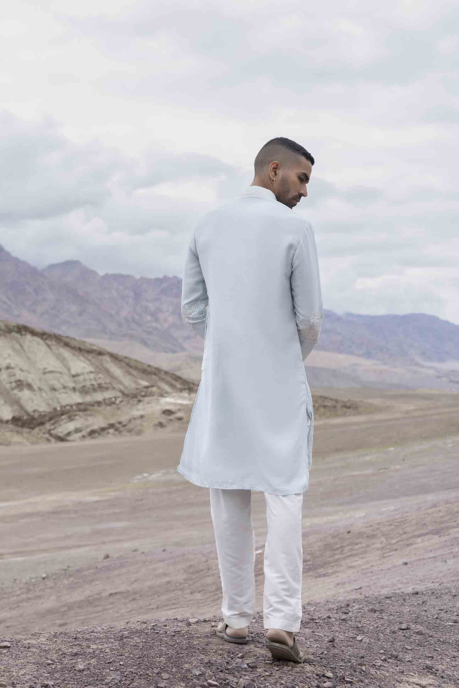 Sky Blue Silk Linen Kurta with Persian Hand-Embroidered Dori Panel & Aligarhi Pants