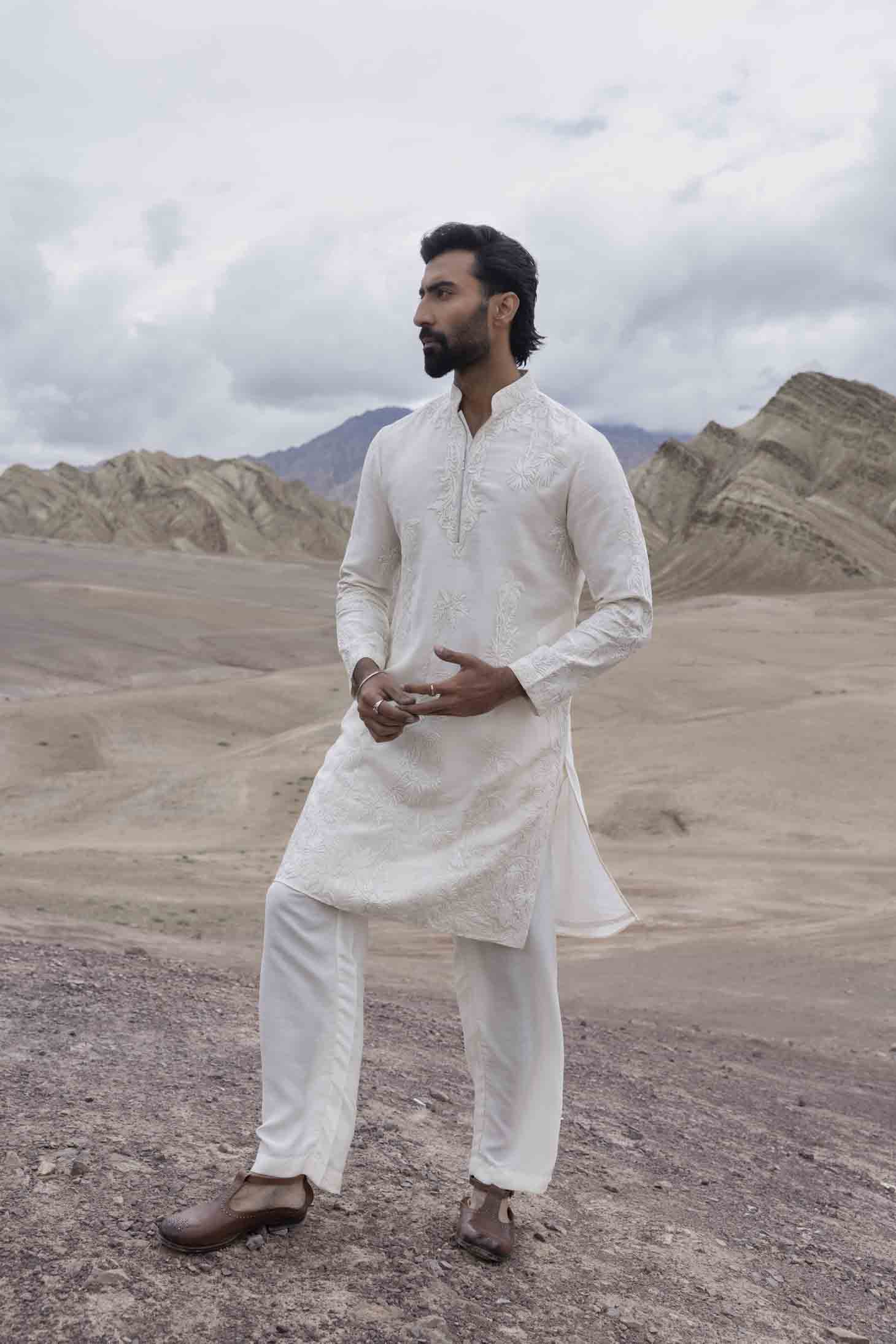 Ivory Silk Linen Kurta with Dori Embroidered Abstract Motif & Aligarhi Pants