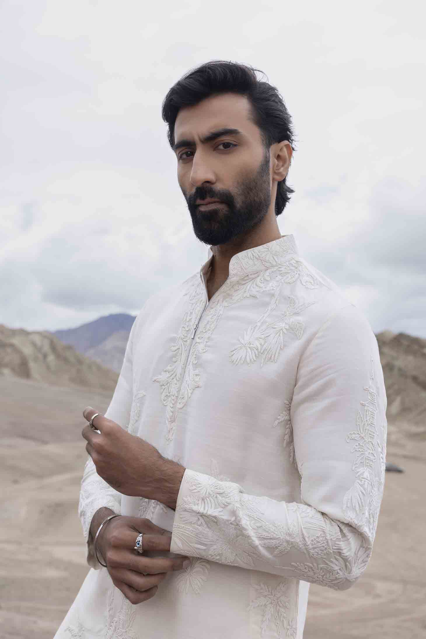 Ivory Silk Linen Kurta with Dori Embroidered Abstract Motif & Aligarhi Pants