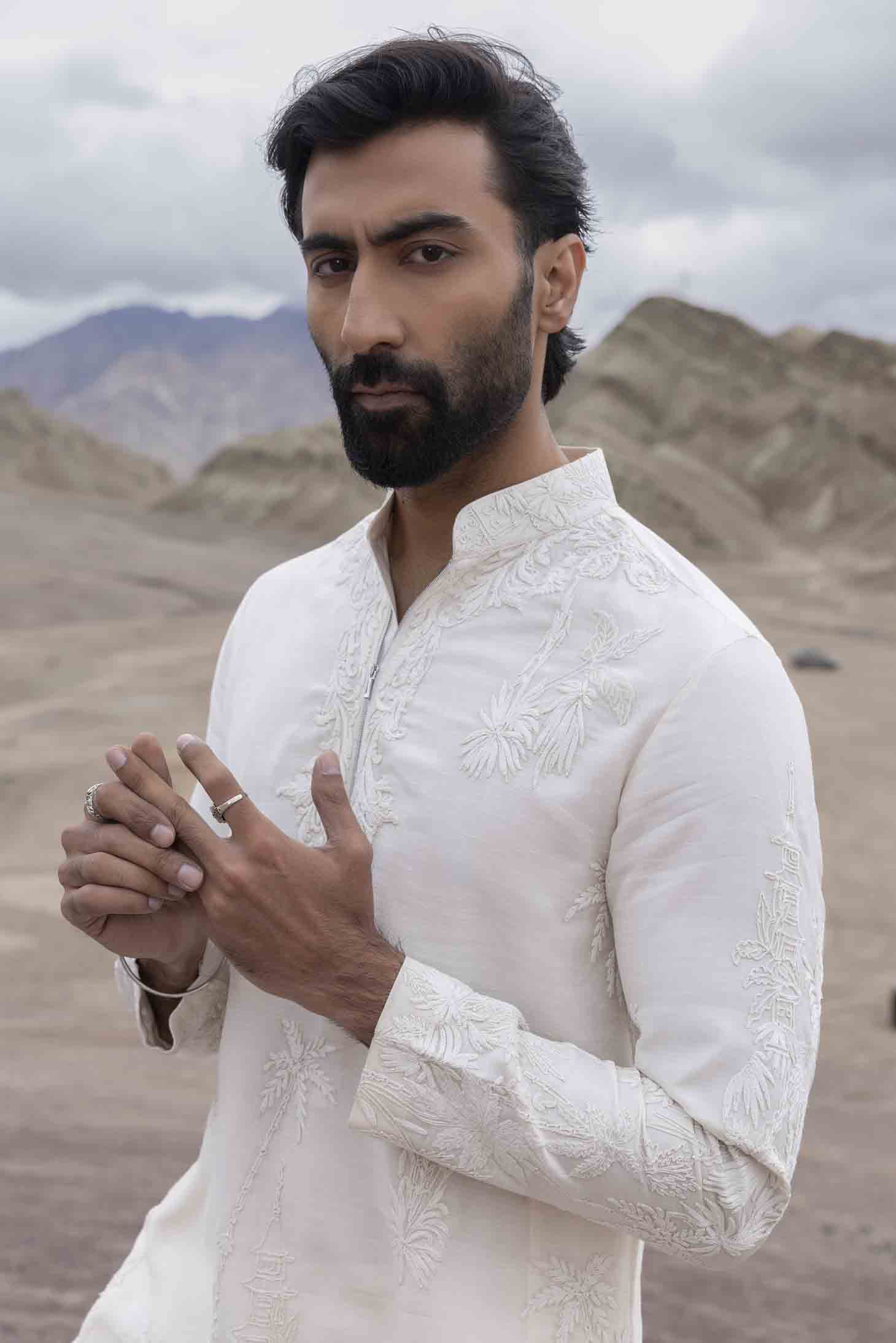 Ivory Silk Linen Kurta with Dori Embroidered Abstract Motif & Aligarhi Pants