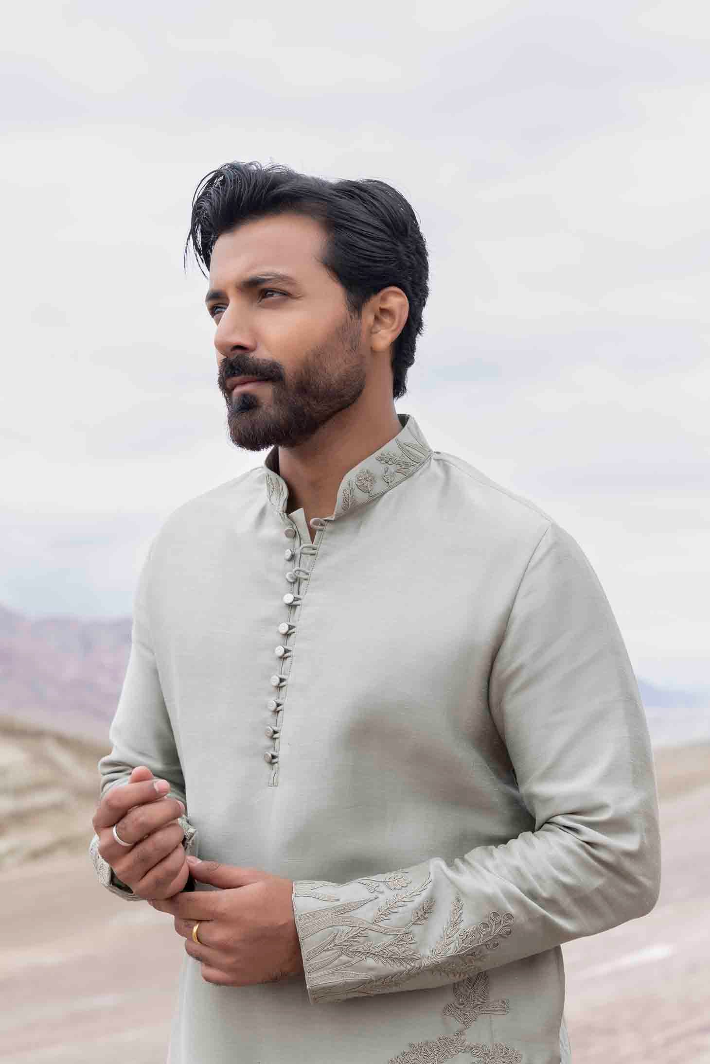 Olive Green Kurta with Dori Embroidery & Aligarhi Pants for Mehndi