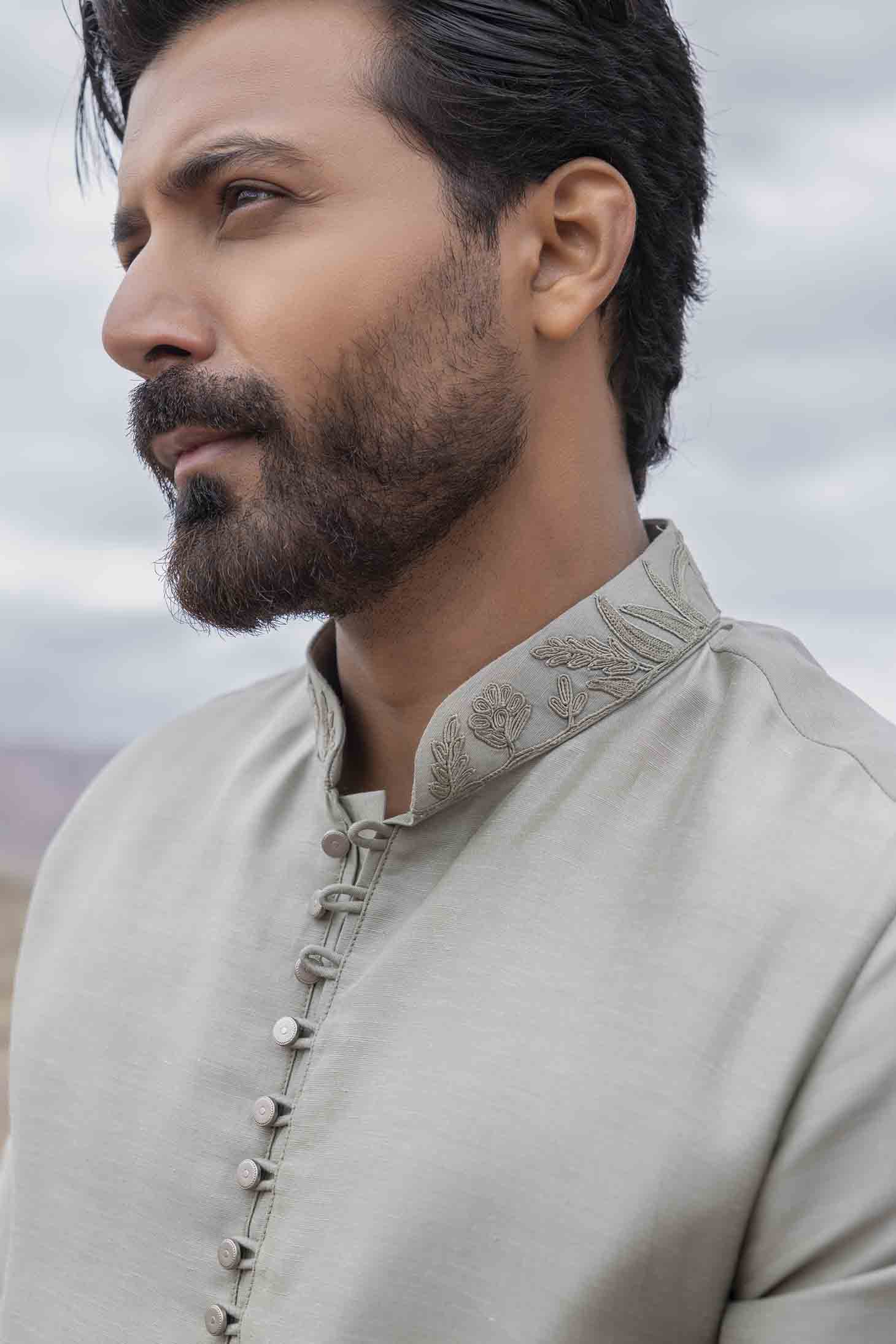 Olive Green Kurta with Dori Embroidery & Aligarhi Pants for Mehndi