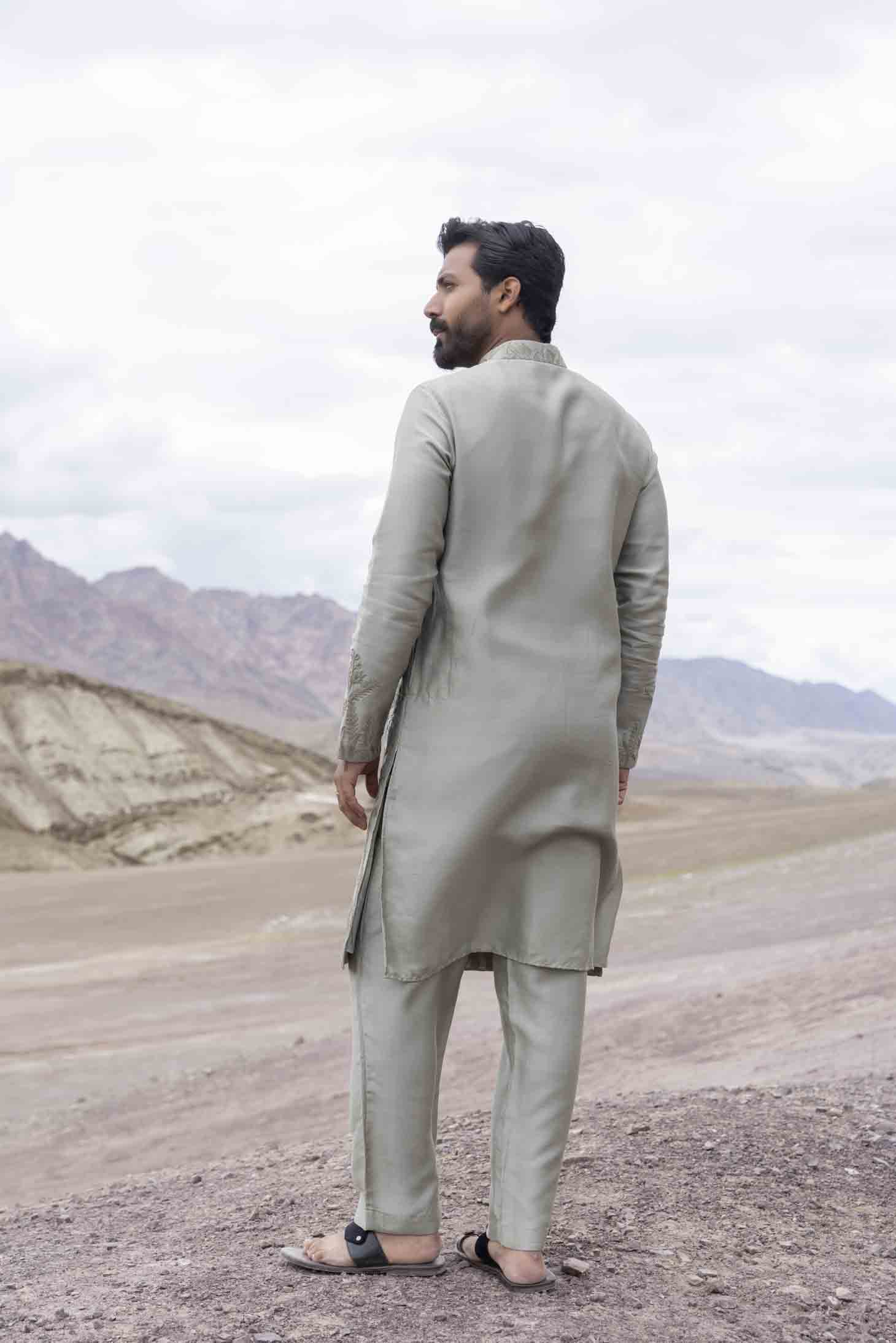 Olive Green Kurta with Dori Embroidery & Aligarhi Pants for Mehndi