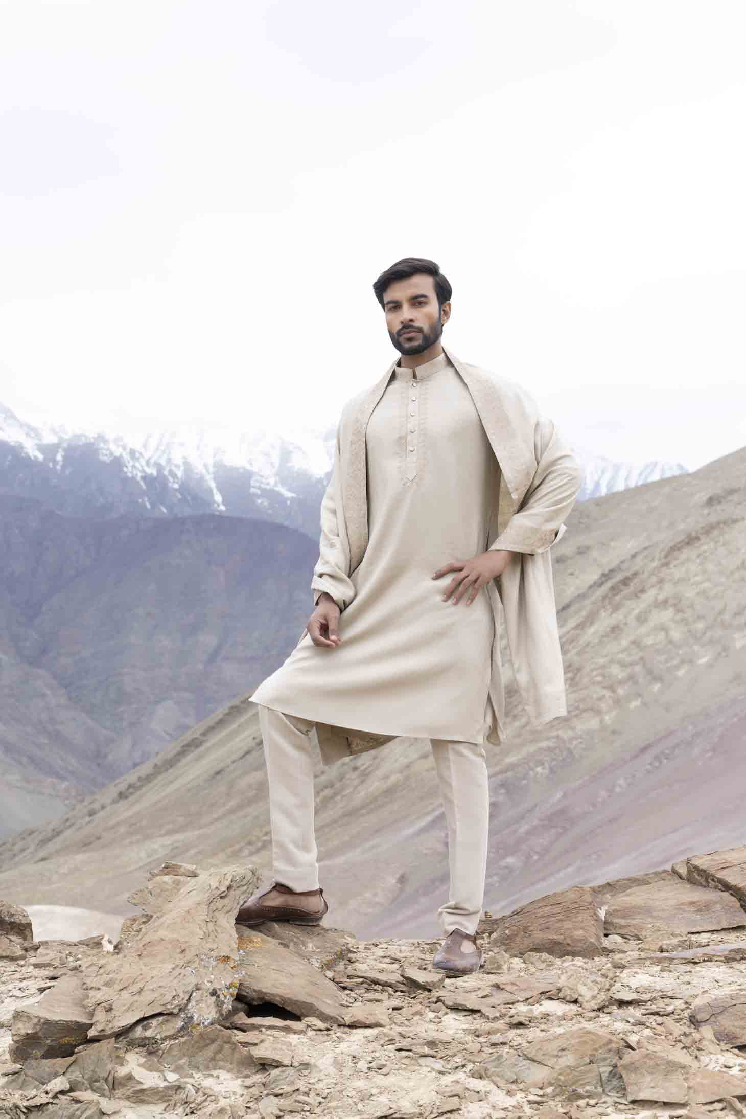 Beige Bamboo Silk Kurta set with Ari & Zari Embroidery, Stole & Aligarhi Pants