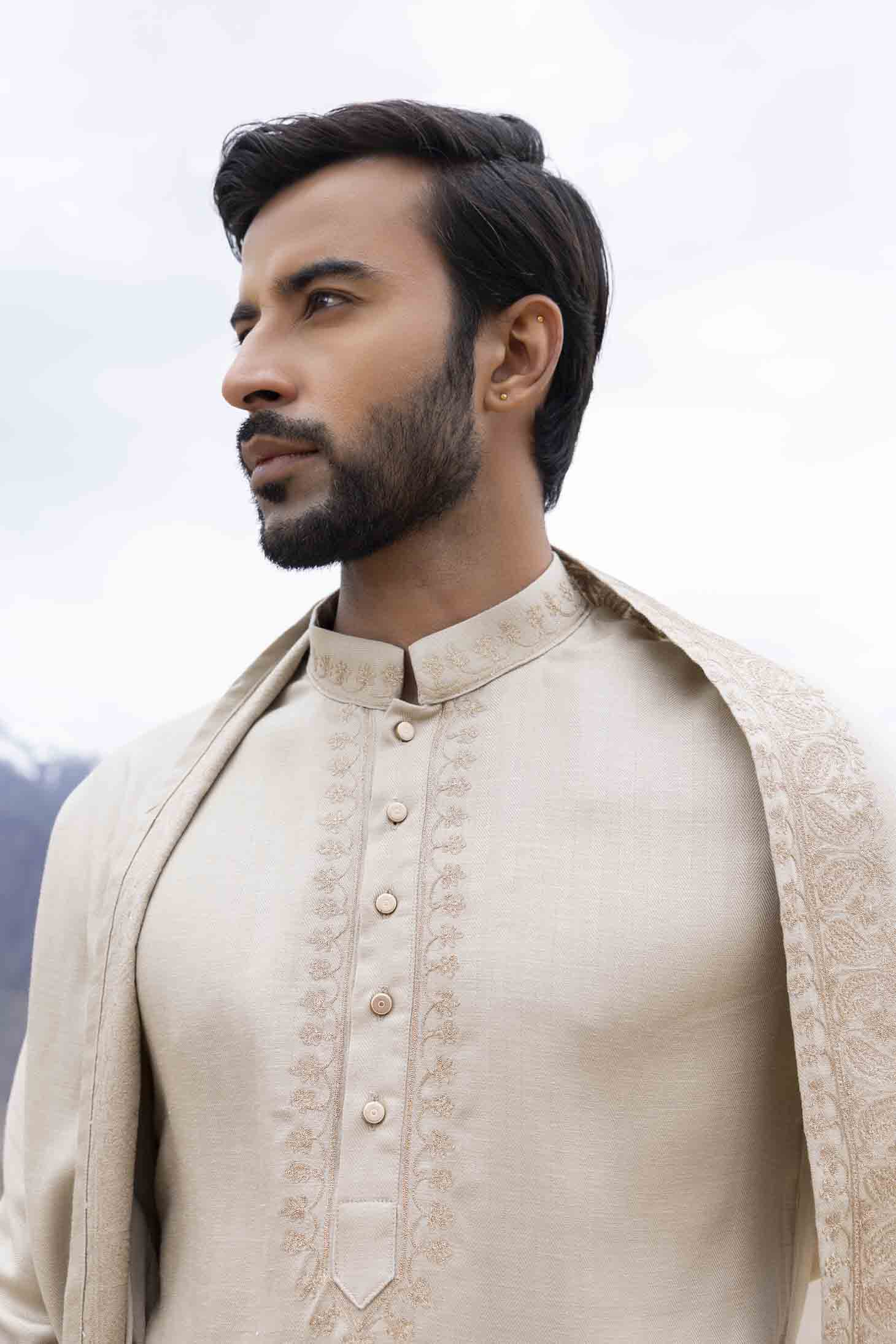 Beige Bamboo Silk Kurta set with Ari & Zari Embroidery, Stole & Aligarhi Pants