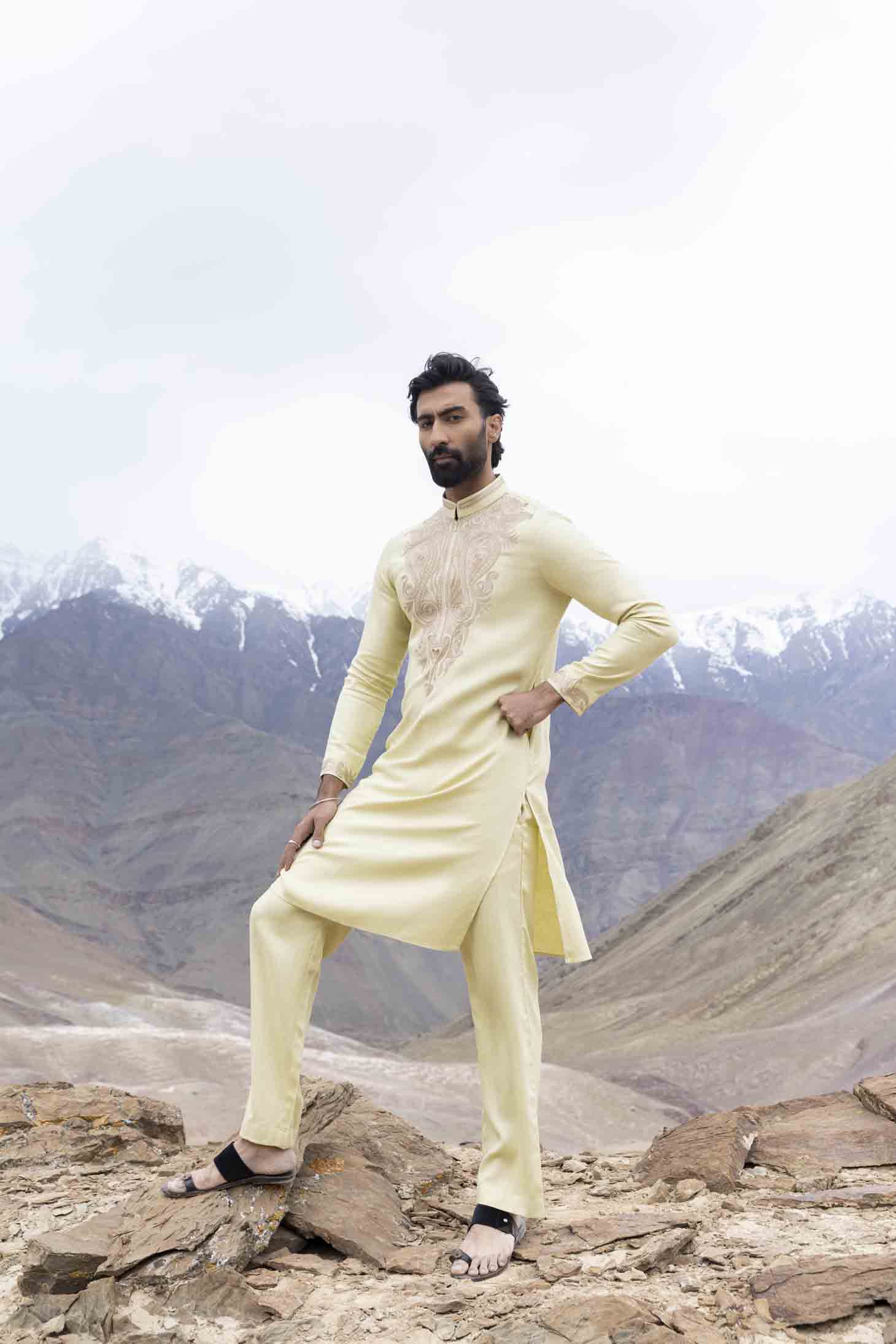 Lime Bamboo Silk Kurta set with Ari & Zari Embroidery, Paired with Aligarhi Pants