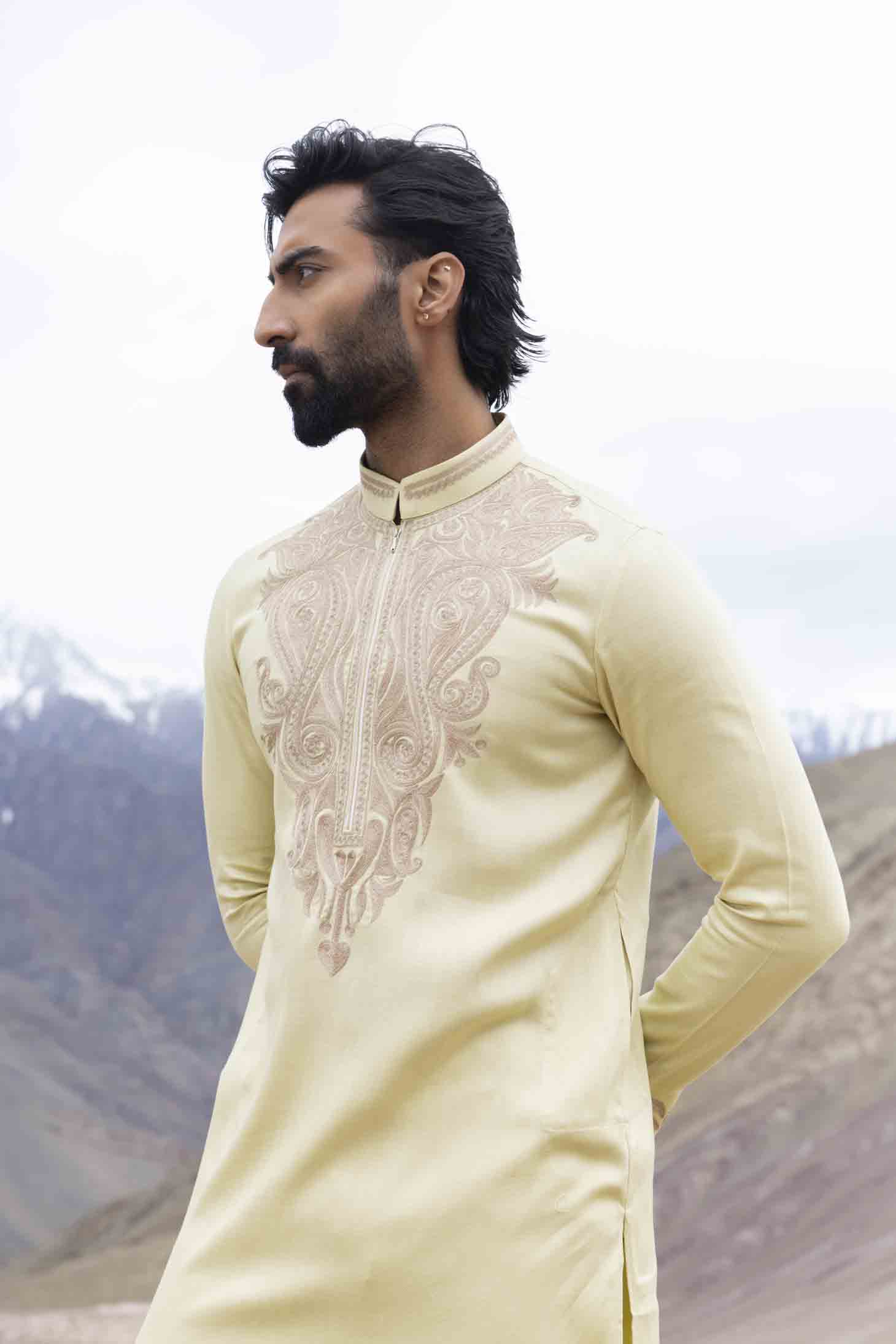 Lime Bamboo Silk Kurta set with Ari & Zari Embroidery, Paired with Aligarhi Pants