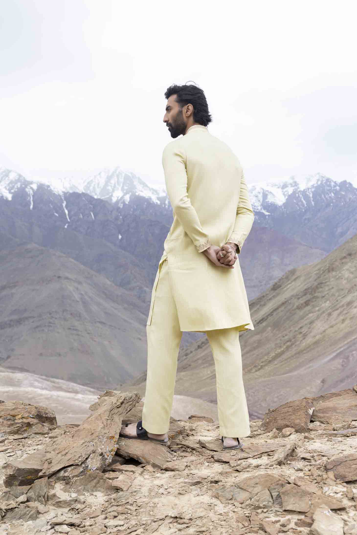 Lime Bamboo Silk Kurta set with Ari & Zari Embroidery, Paired with Aligarhi Pants