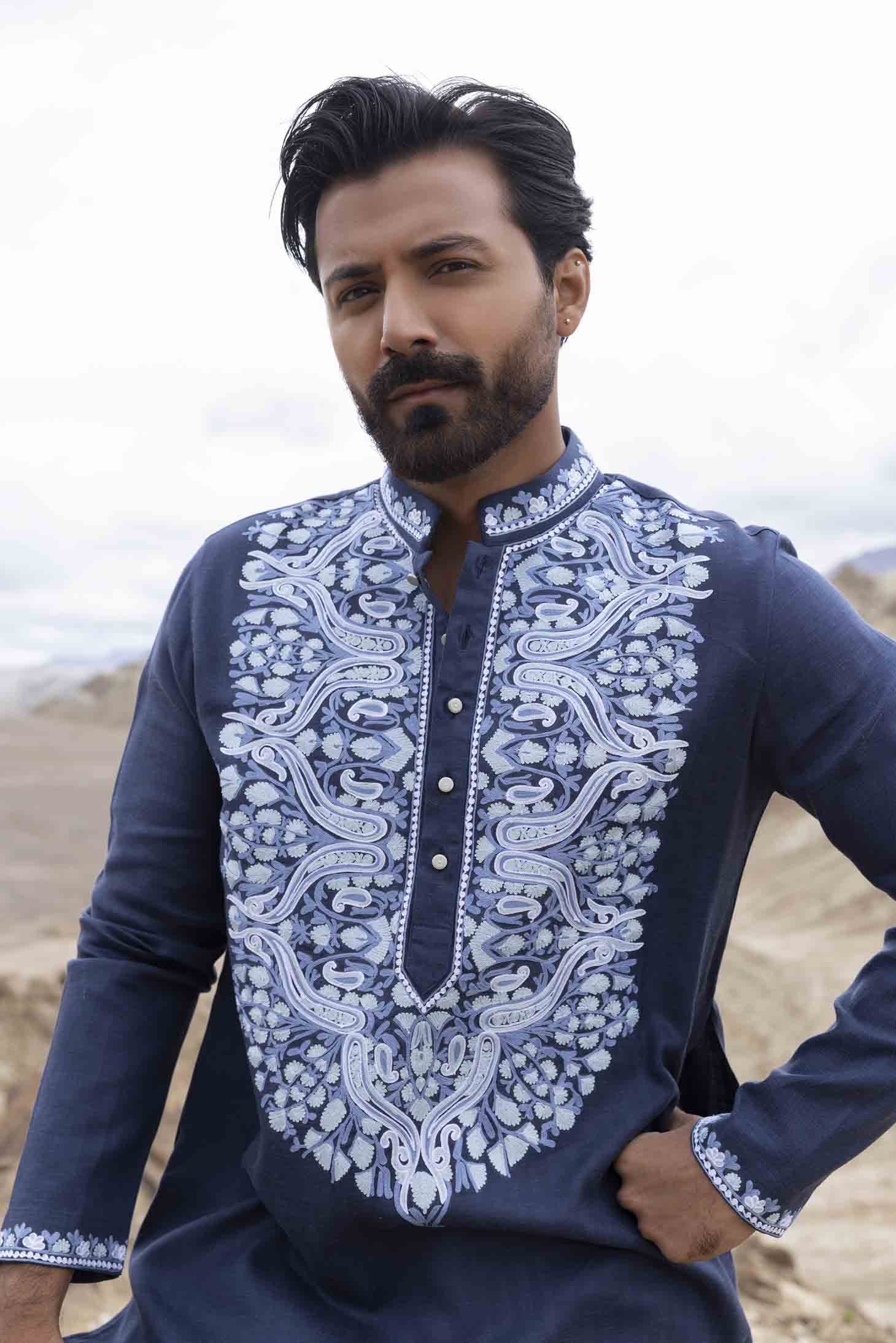 Blue Bamboo Silk Kurta with Shaded Blue Ari Paisley Embroidery on Placket, Paired with Aligarhi Pants
