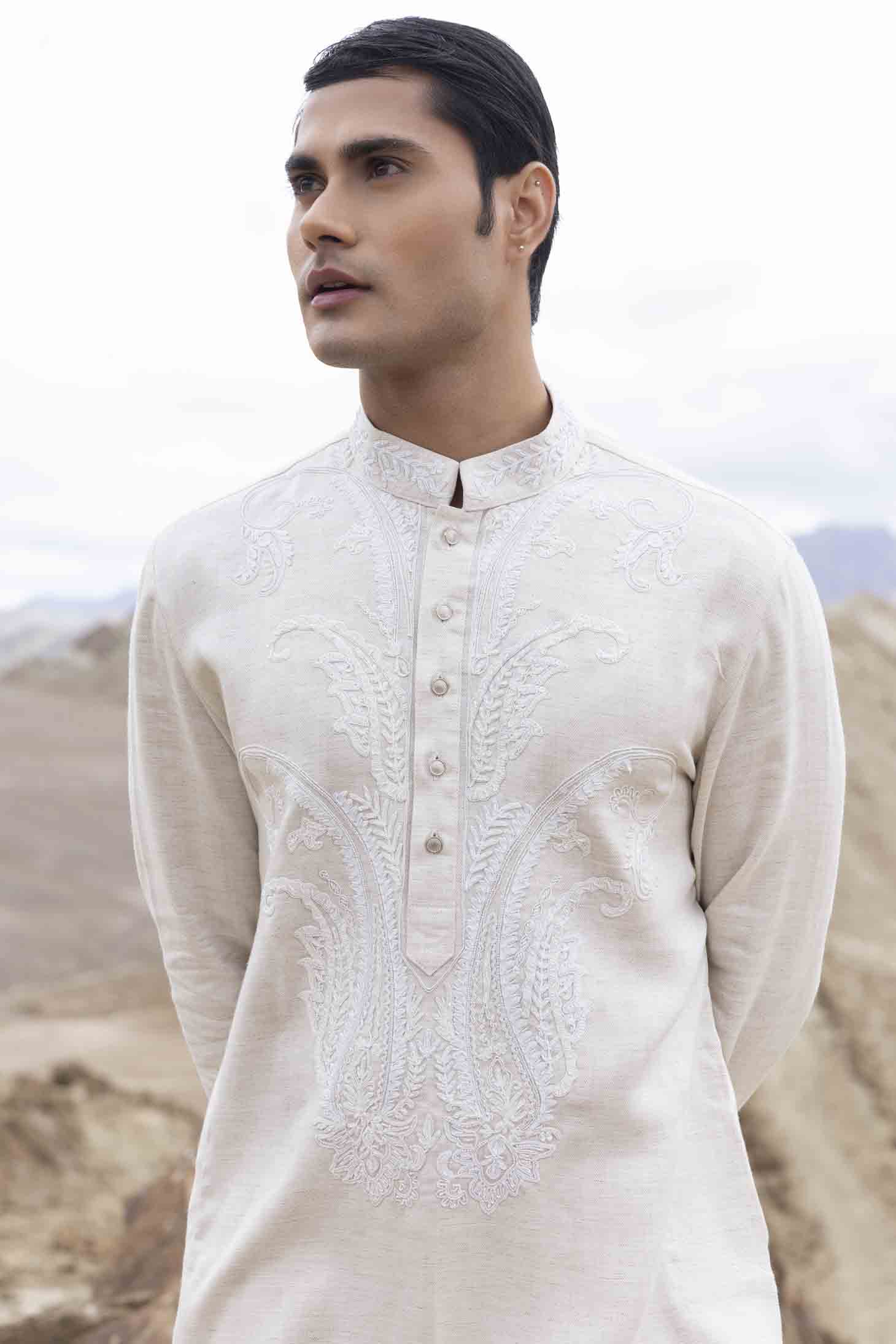 Beige Bamboo Silk Kurta set with Paisley Ari Embroidery & Bead Highlights, Paired with Aligarhi Pants