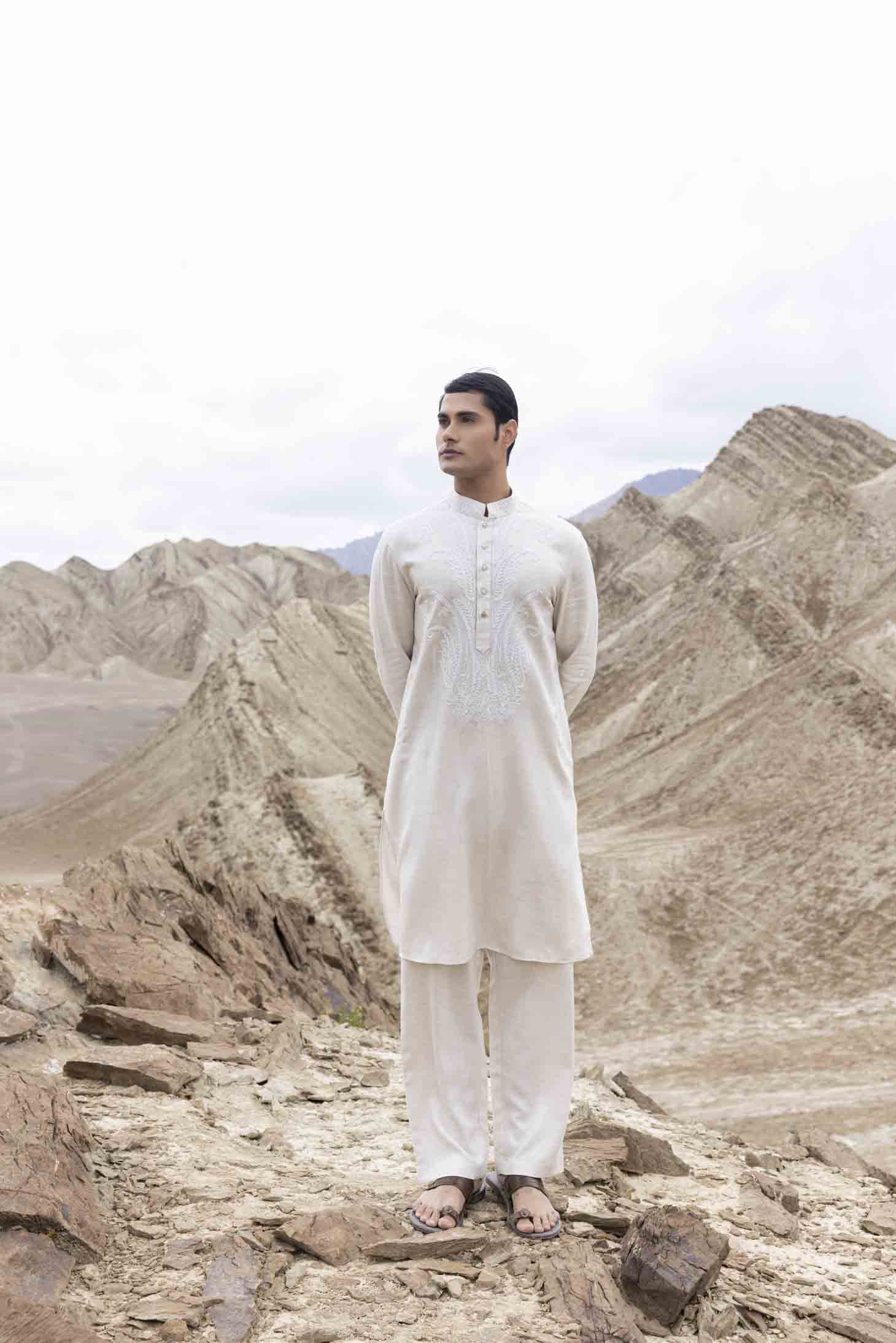 Beige Bamboo Silk Kurta set with Paisley Ari Embroidery & Bead Highlights, Paired with Aligarhi Pants