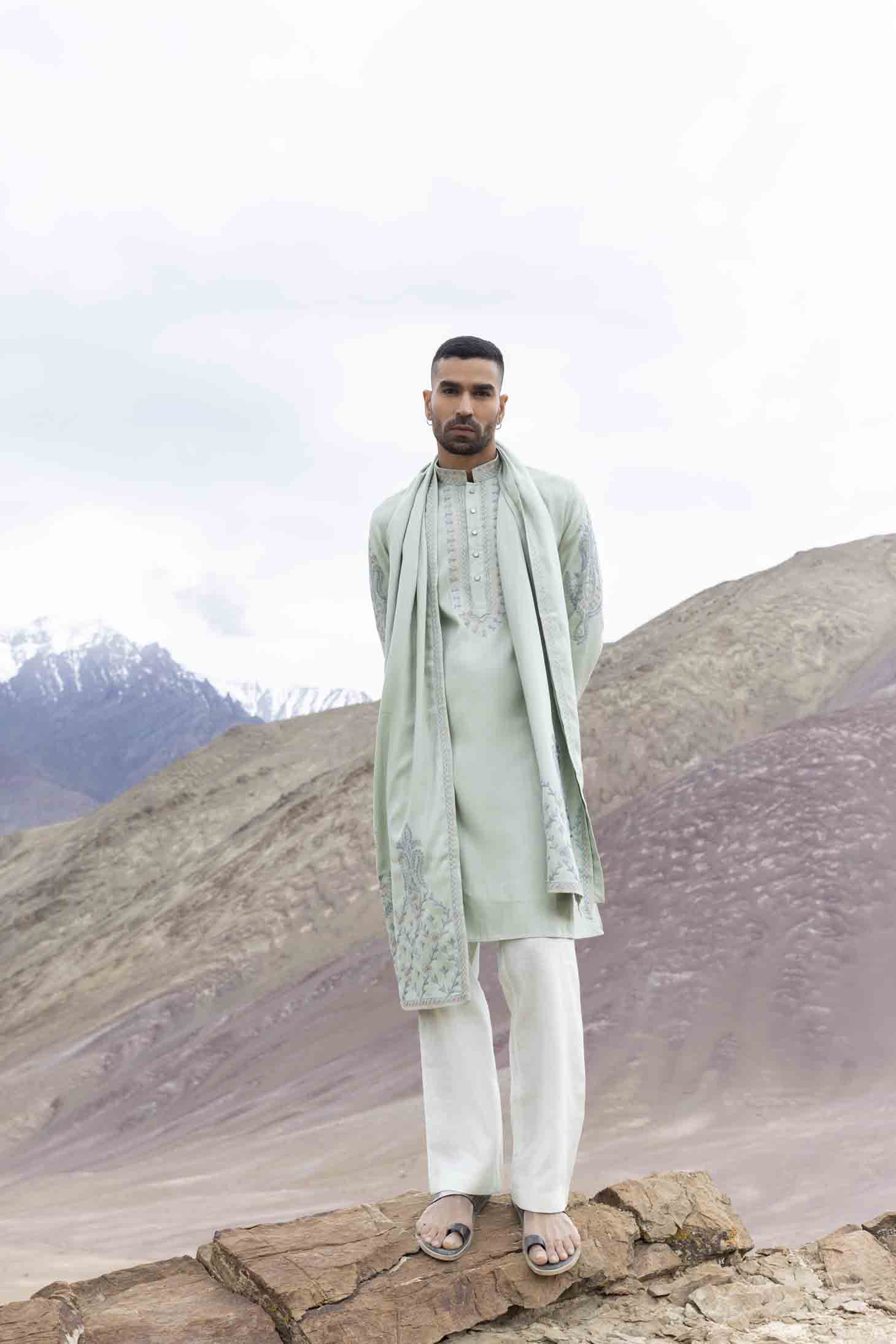 Mint Green Bamboo Silk Kurta set with Multicolor Ari Embroidery & Embroidered Stole, Paired with Aligarhi Pants